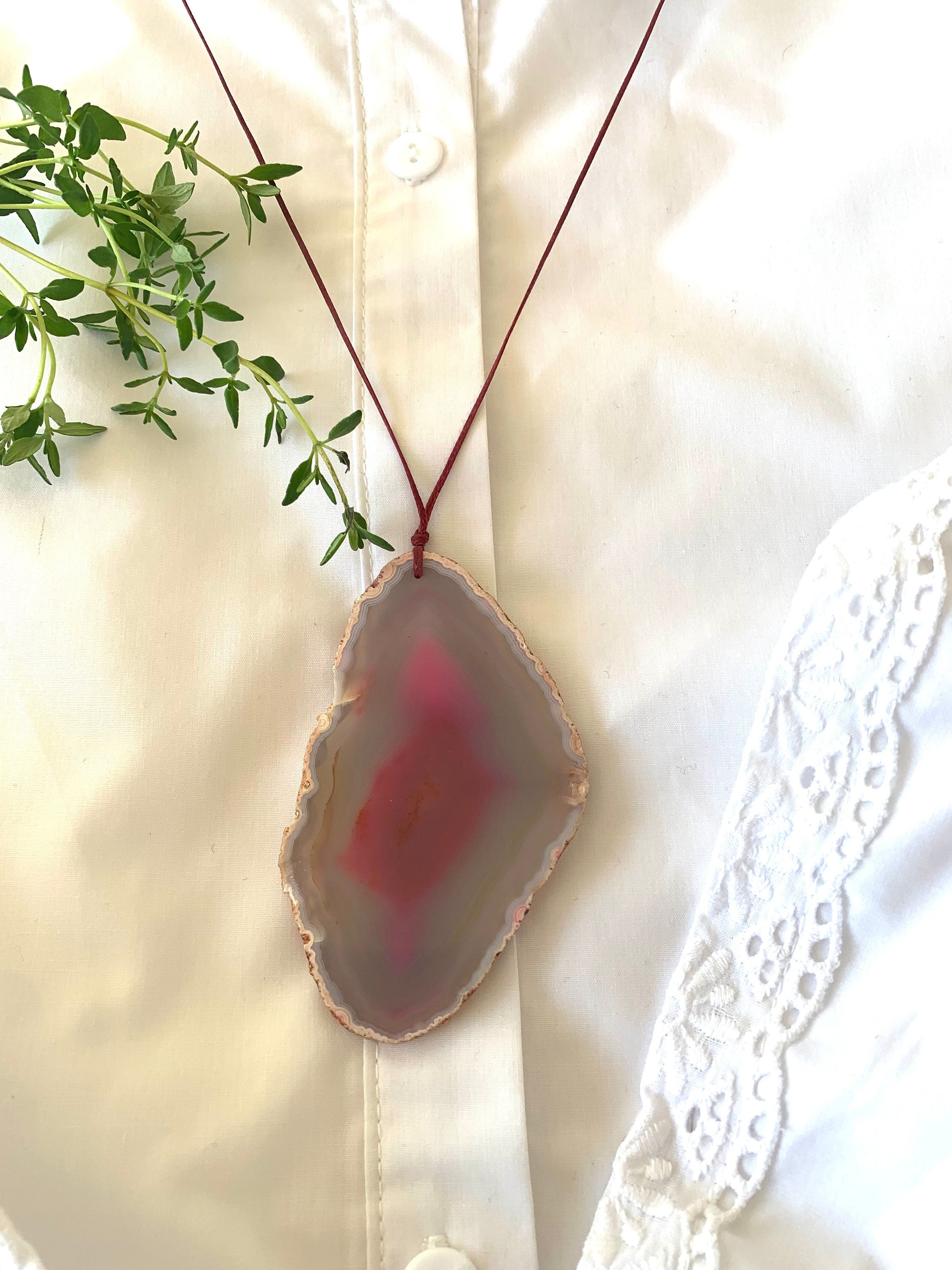 Natural grey and pink Agate slice pendant on a dark red soutache cord with sliding knot adjustable handmade boho style necklace