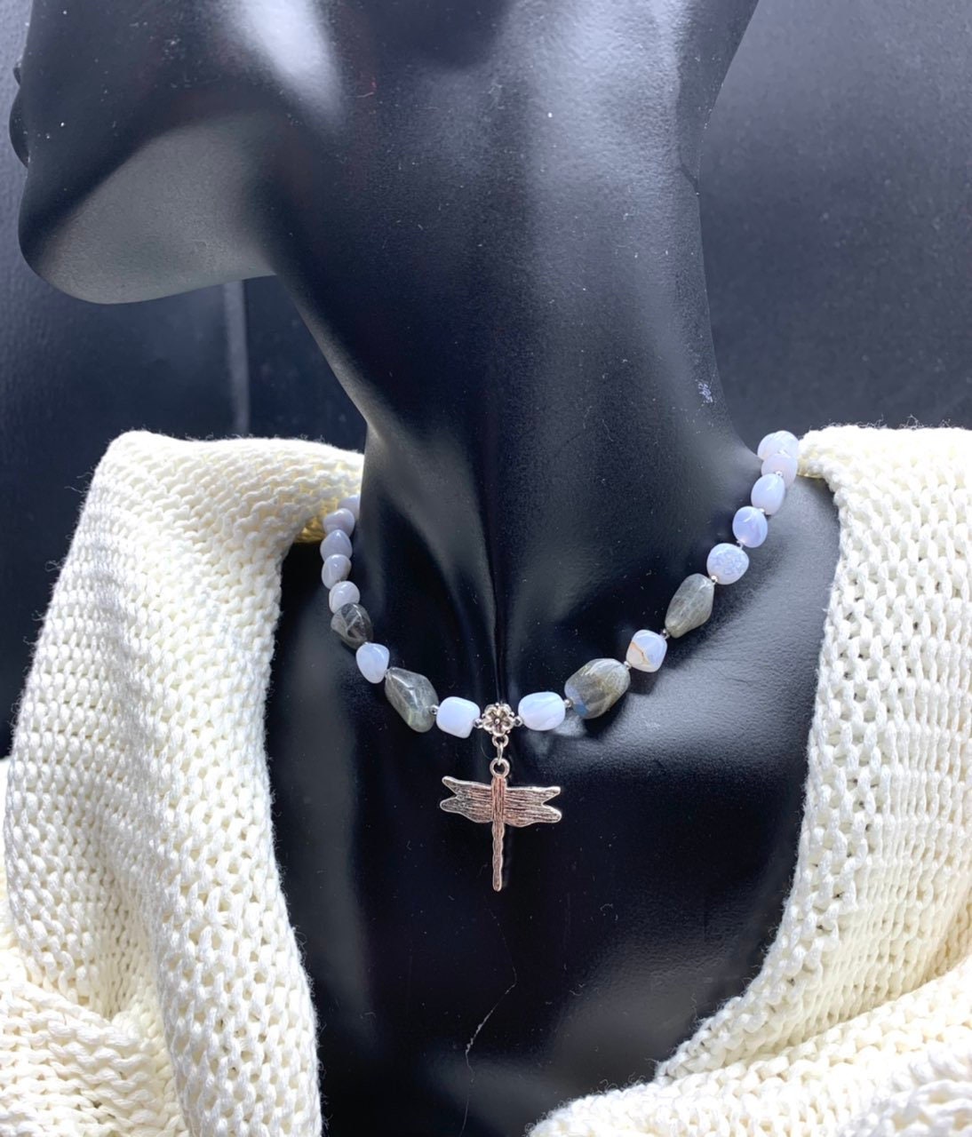 Natural Blue lace agate and Labradorite irregular shape beads and silver tone Dragonfly charm handmade choker adjustable necklace for women