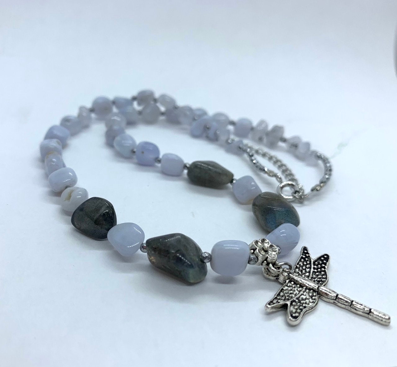 Natural Blue lace agate and Labradorite irregular shape beads and silver tone Dragonfly charm handmade choker adjustable necklace for women