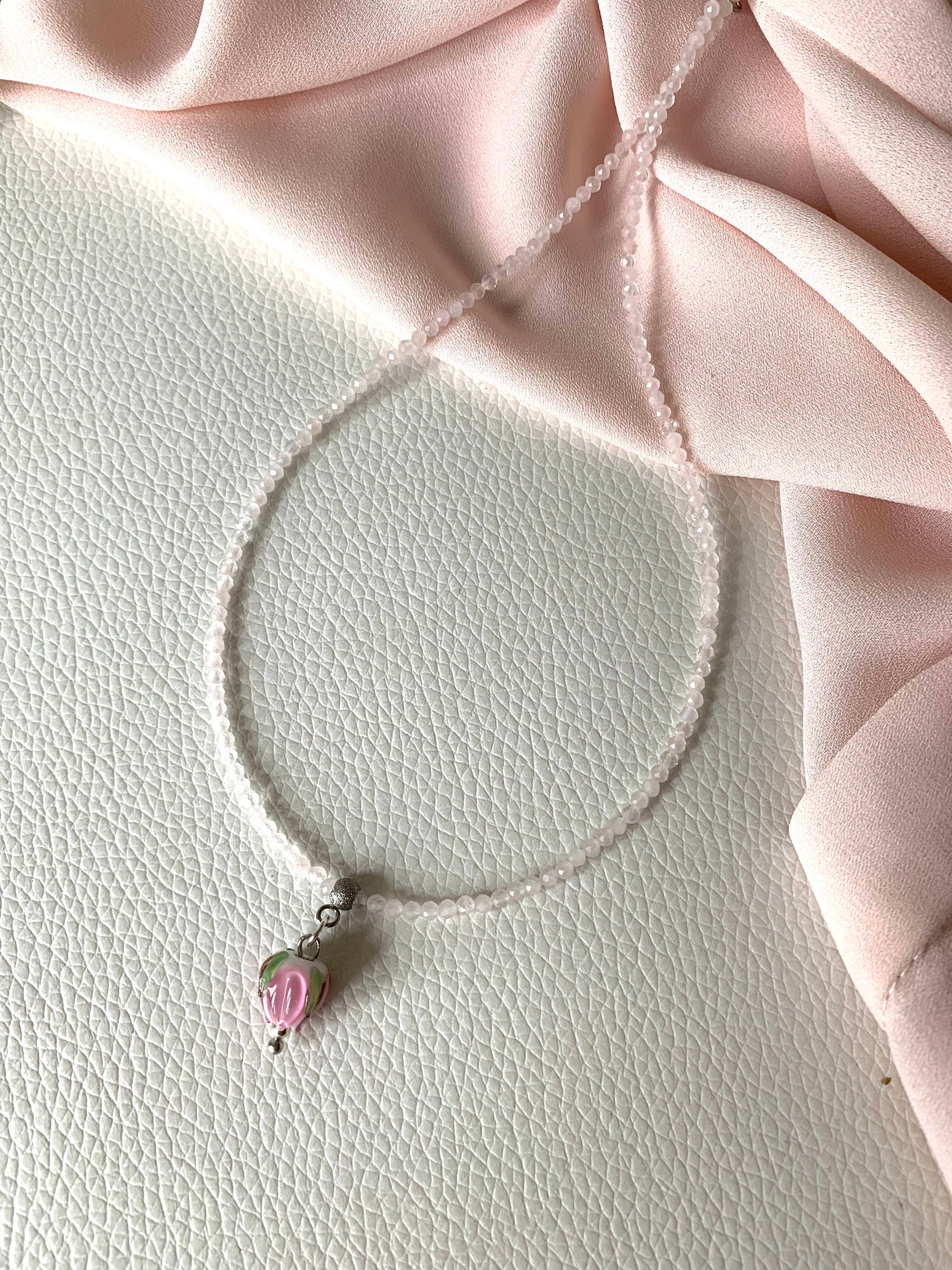 Natural Rose Quartz tiny 2 mm facet cut sparkling beads and handmade lamp work glass rose bud pendant dainty romantic choker necklace