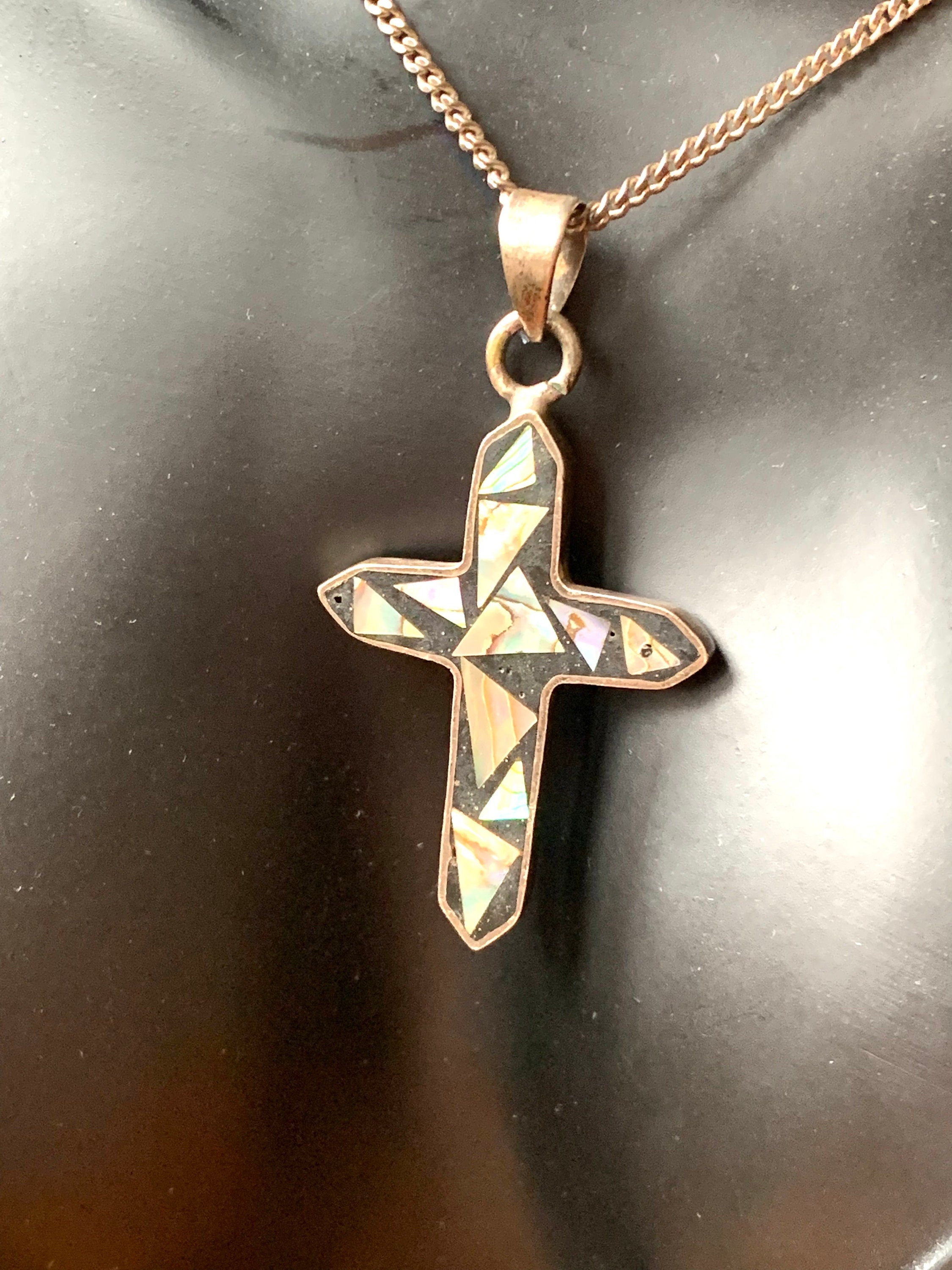 Signed Italy hallmarked silver 925 Cross decorated with Mother of Pearl solid pendant on a silver chain necklace for a woman or unisex.