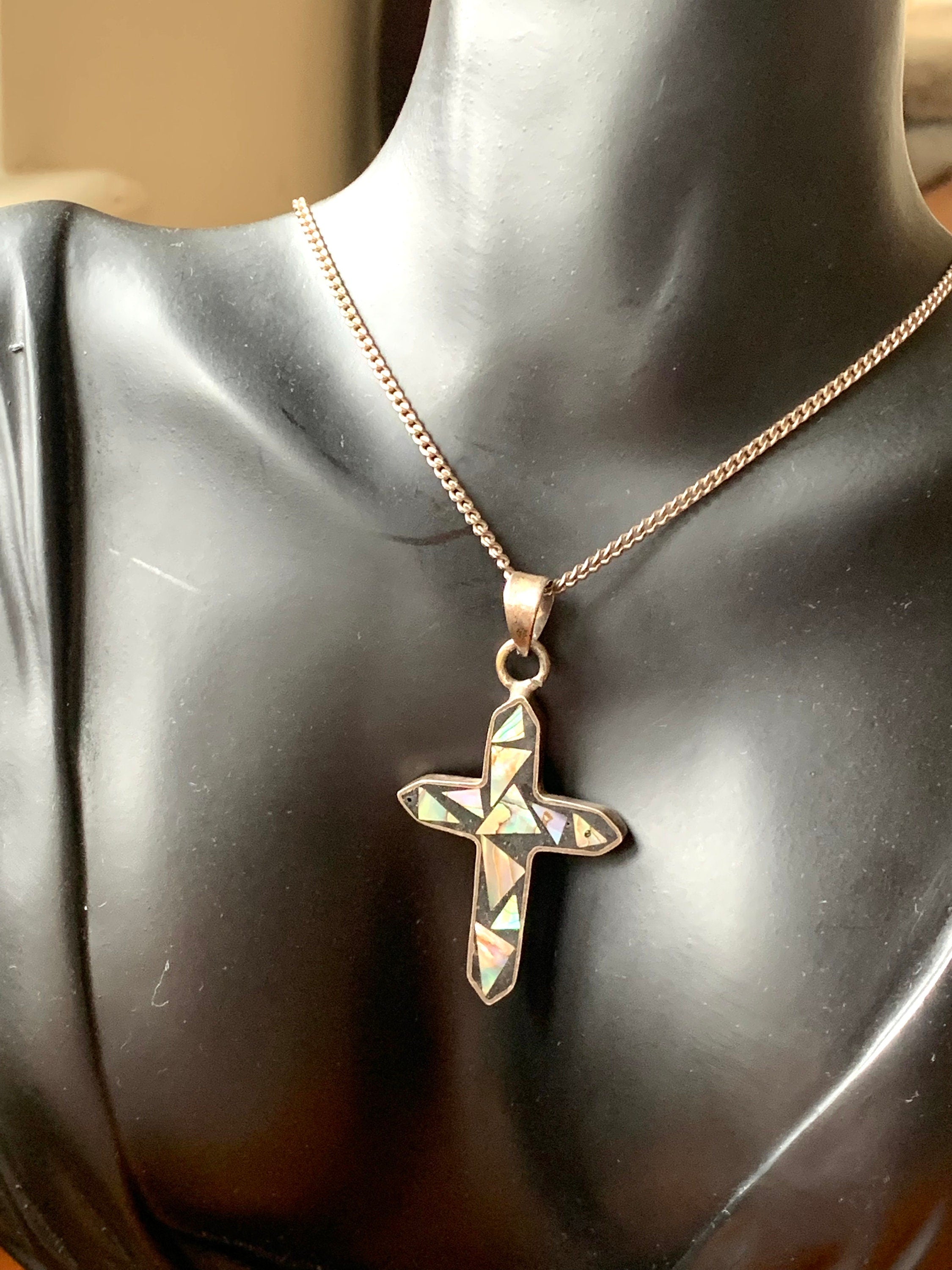 Signed Italy hallmarked silver 925 Cross decorated with Mother of Pearl solid pendant on a silver chain necklace for a woman or unisex.