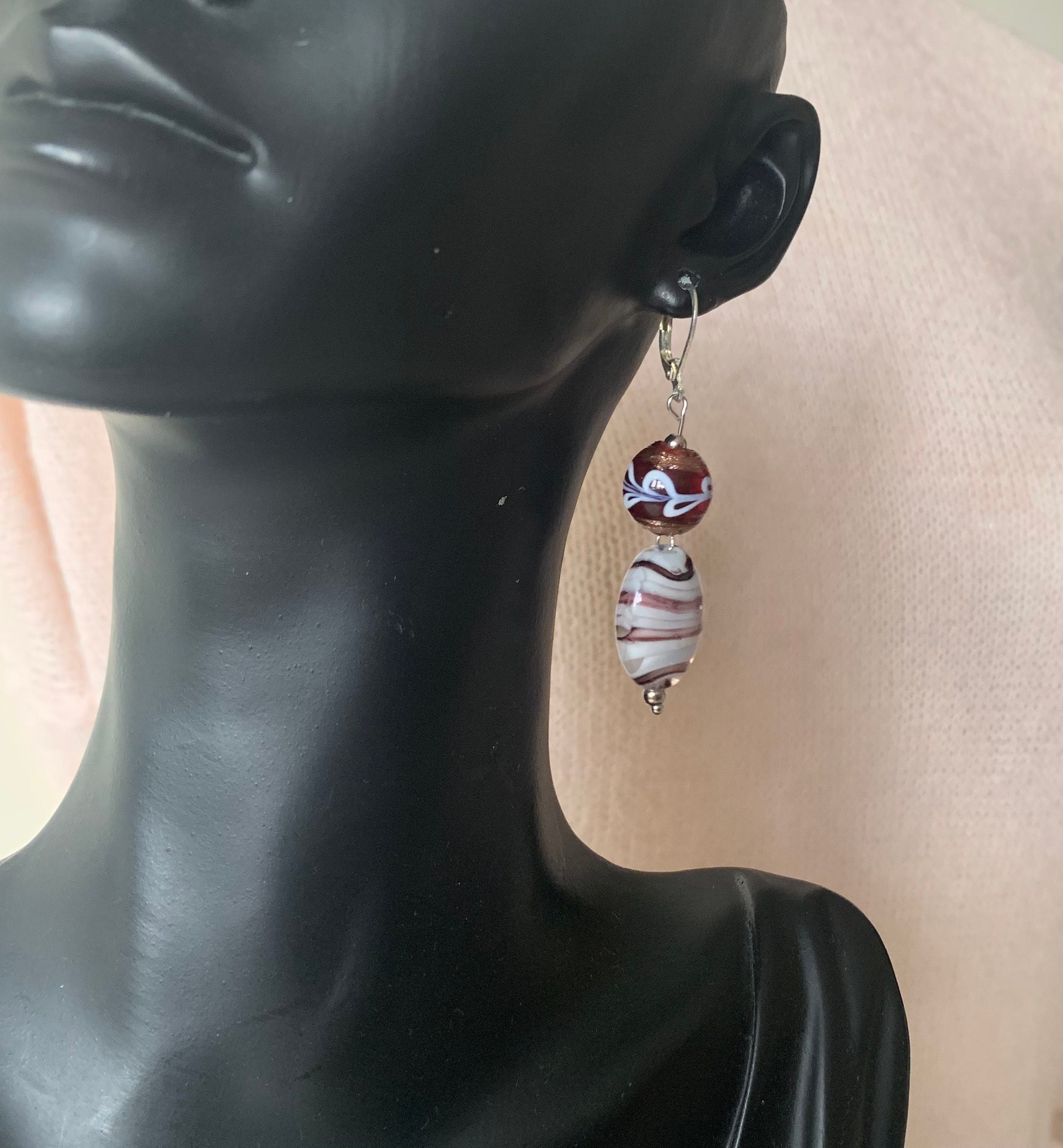 Silver 925 and lamp work glass beads dangle drop earrings with latch back French hook. Handmade earrings for woman. Gift for her