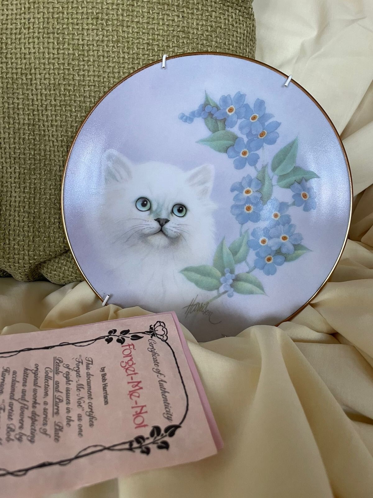 Limited edition of vintage Forget me not porcelain 24K gold edged plate signed by Bob Harrison with a cat and Forget me not flowers images.