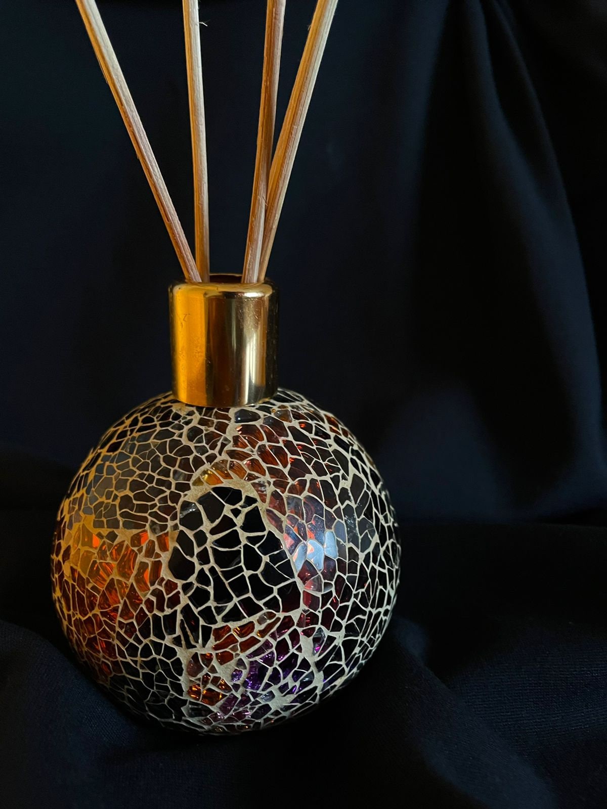 Signed vintage gold, black and brown mosaic glass on a clay covered aroma lamp from Reed collection by Ashleigh Burtwood. Collectible gift