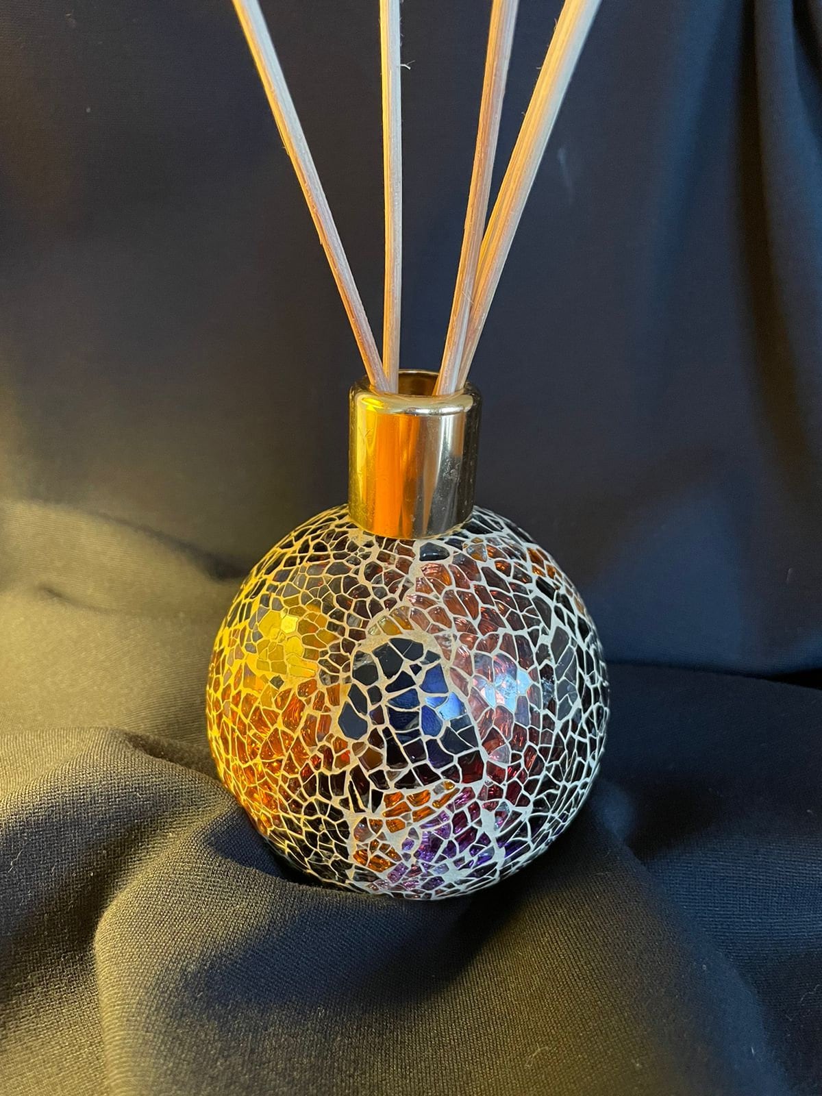 Signed vintage gold, black and brown mosaic glass on a clay covered aroma lamp from Reed collection by Ashleigh Burtwood. Collectible gift