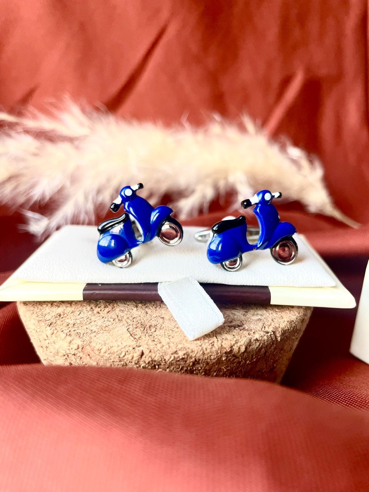 Very unusual made in England steel with ultramarine blue enamel Scooter shape vintage cuff links. Good idea of gift for him.