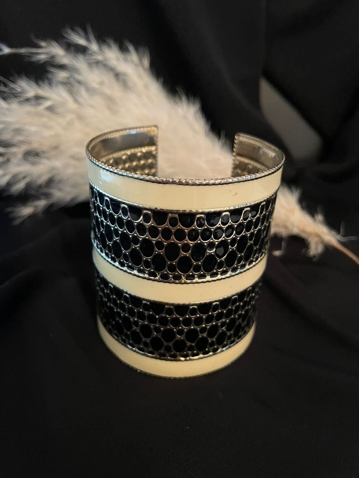 Stunning Art Deco style wide enamelled black and cream color vintage cuff bangle bracelet for a woman. Lovely vintage gift for her.