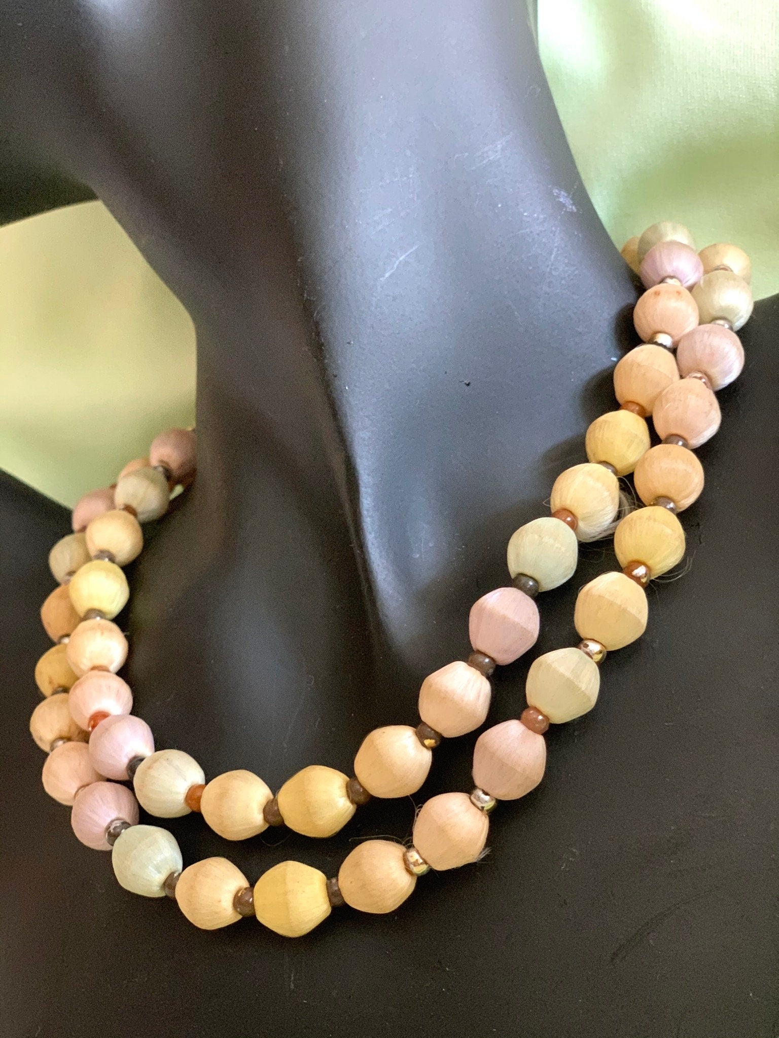 Vintage plastic round beads covered with pale colours silk treads long continuous necklace.  Necklace for a woman. Vintage gift for a woman