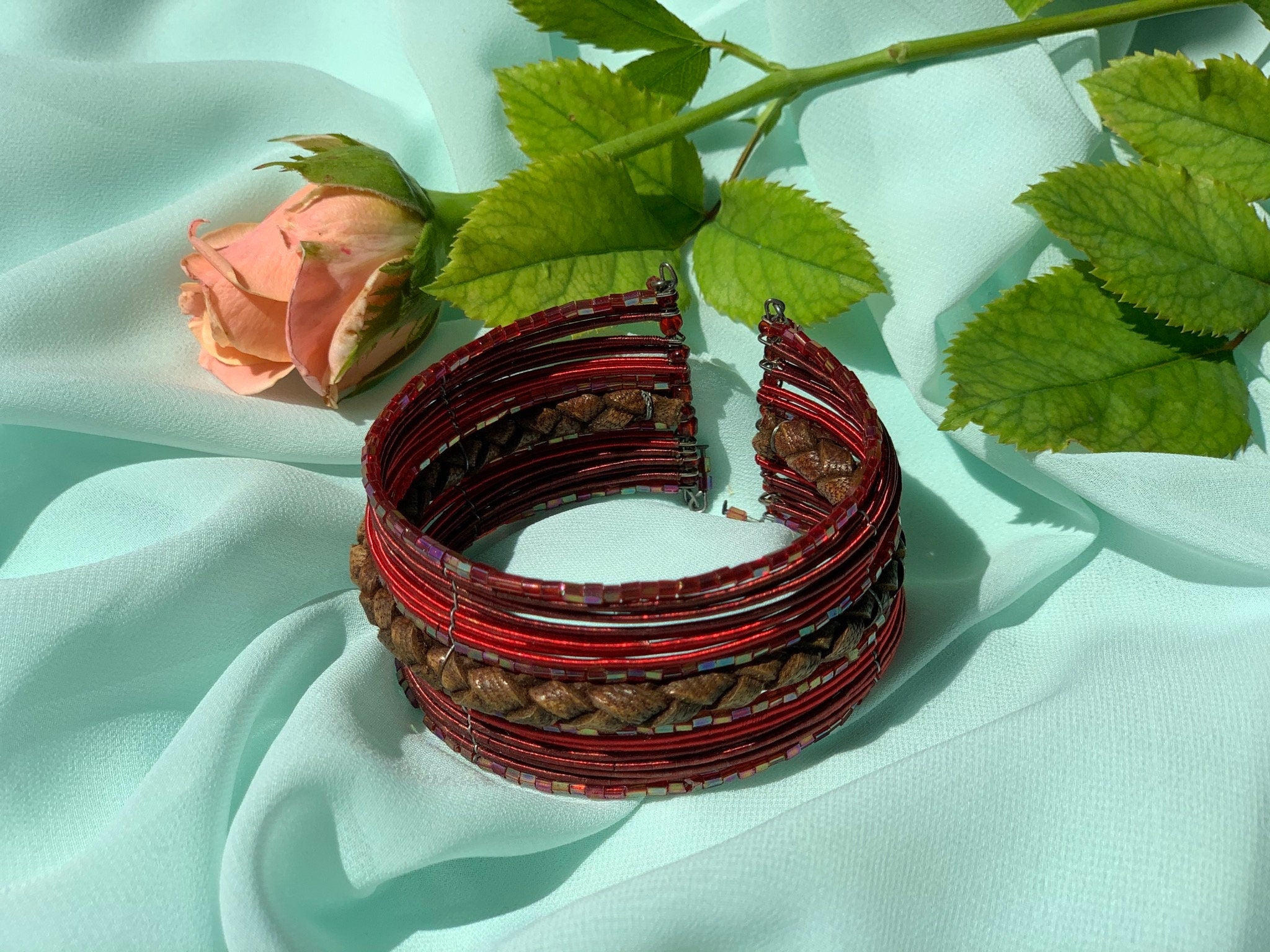 Red bracelet made of glass seed beads on a memory wire. Braided multi strand boho style bracelet. Vintage bracelet for a woman. Gift for her