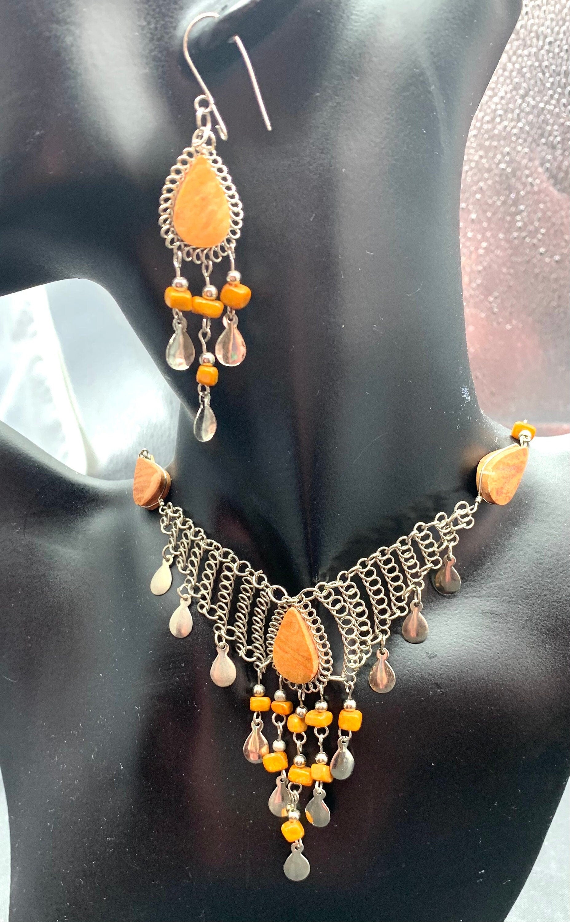 Natural yellow jasper and steel wire laced cascade choker necklace and dangle drop earrings vintage boho style jewellery set for a woman