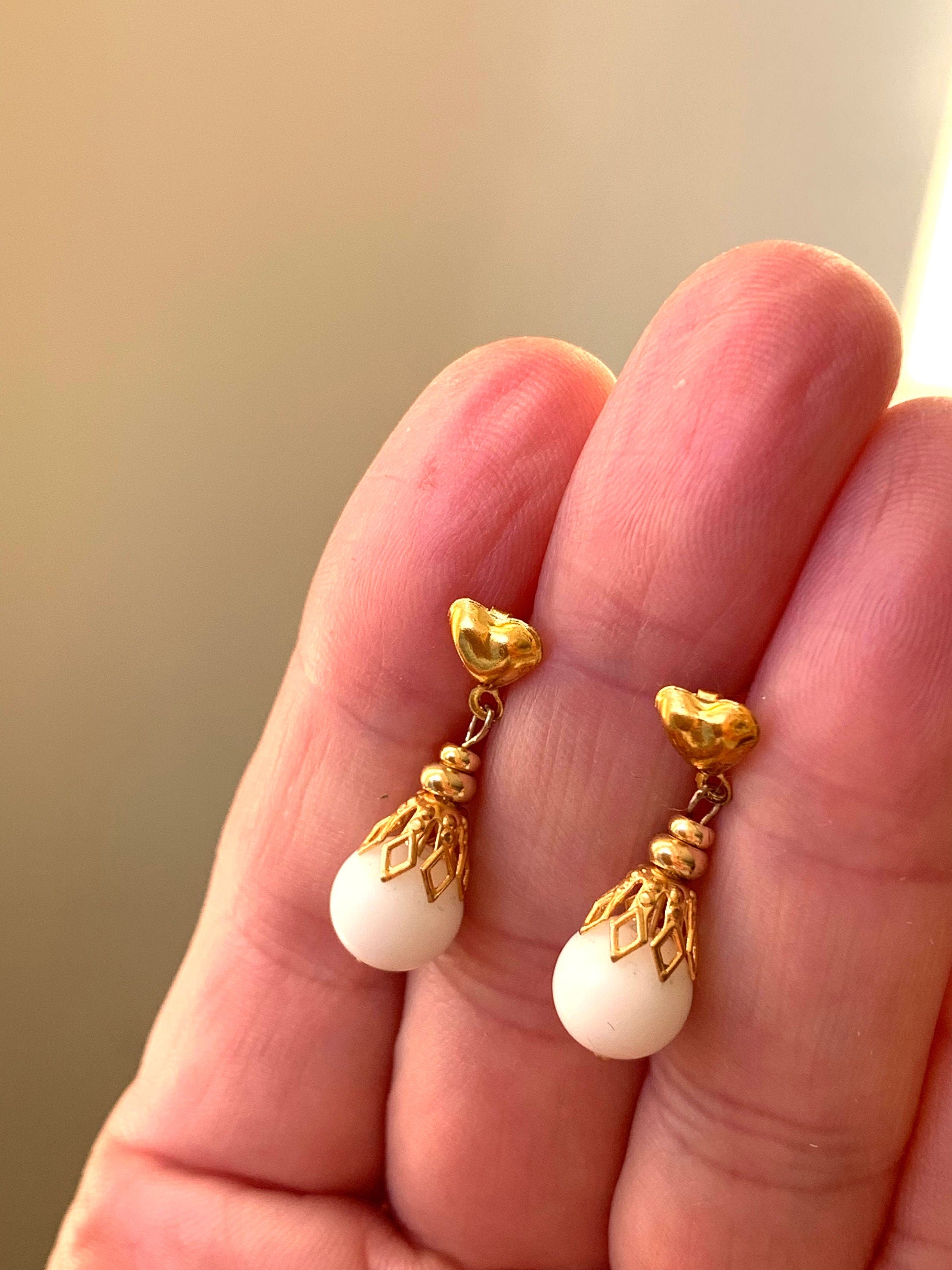 Natural white matt Jade beads in a gold tone settings handmade tiny dangle drop stud earrings for a woman. Gemstone white and gold earrings