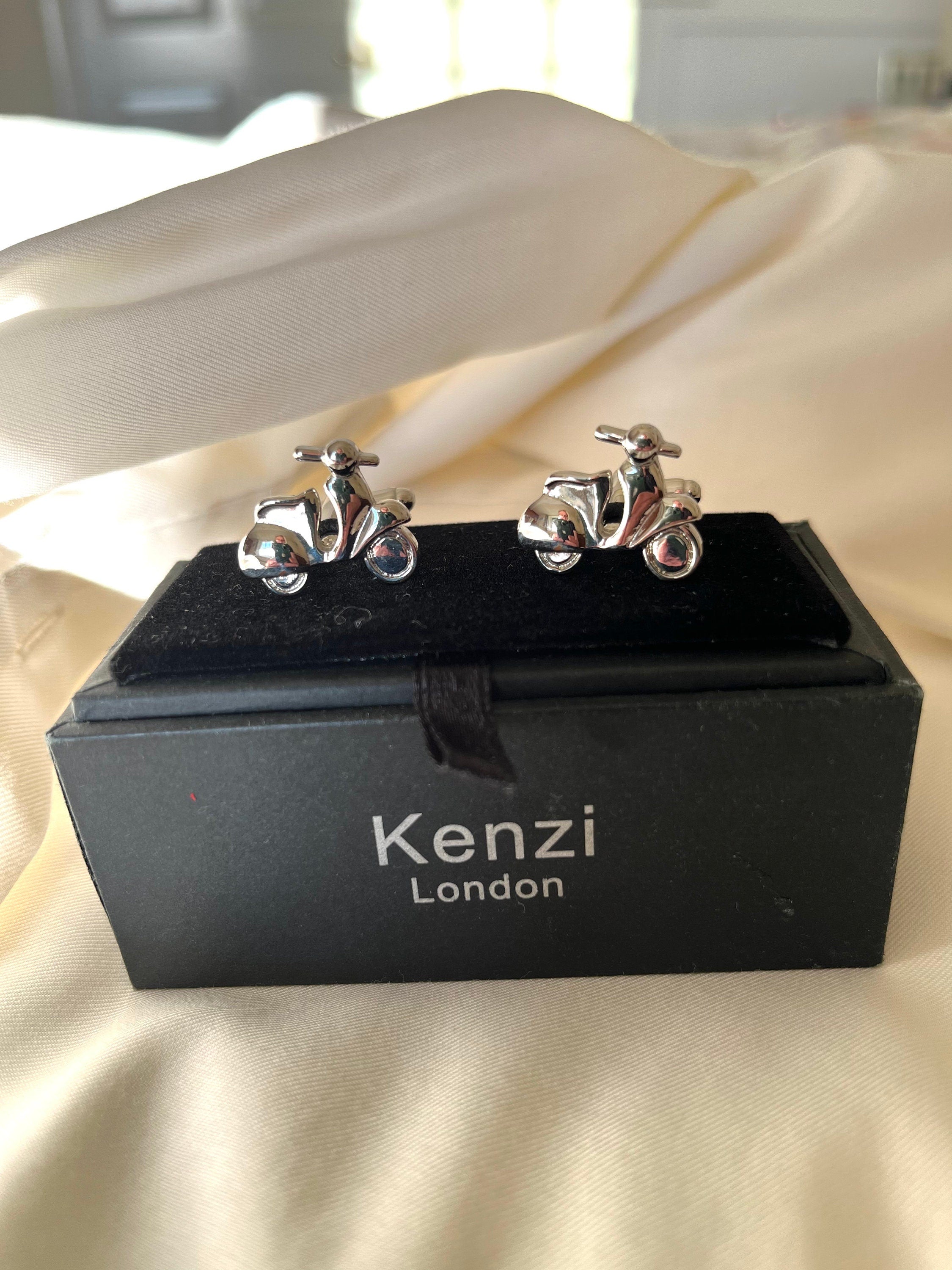 Signed Kenzi London vintage silver tone steel cuff links in a shape of motorbike. Cute cuff links. Gift for him. Gift for a biker