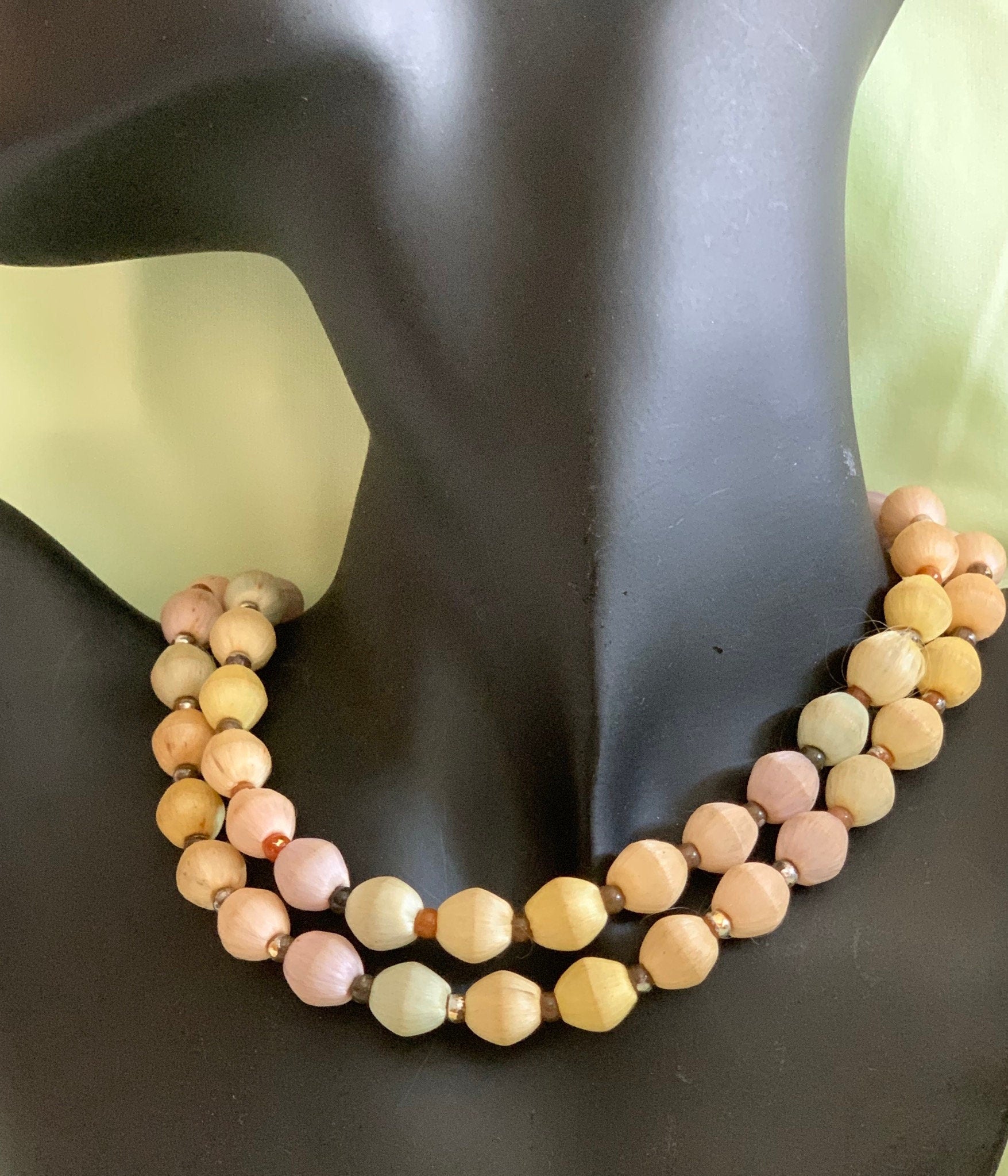 Vintage plastic round beads covered with pale colours silk treads long continuous necklace.  Necklace for a woman. Vintage gift for a woman