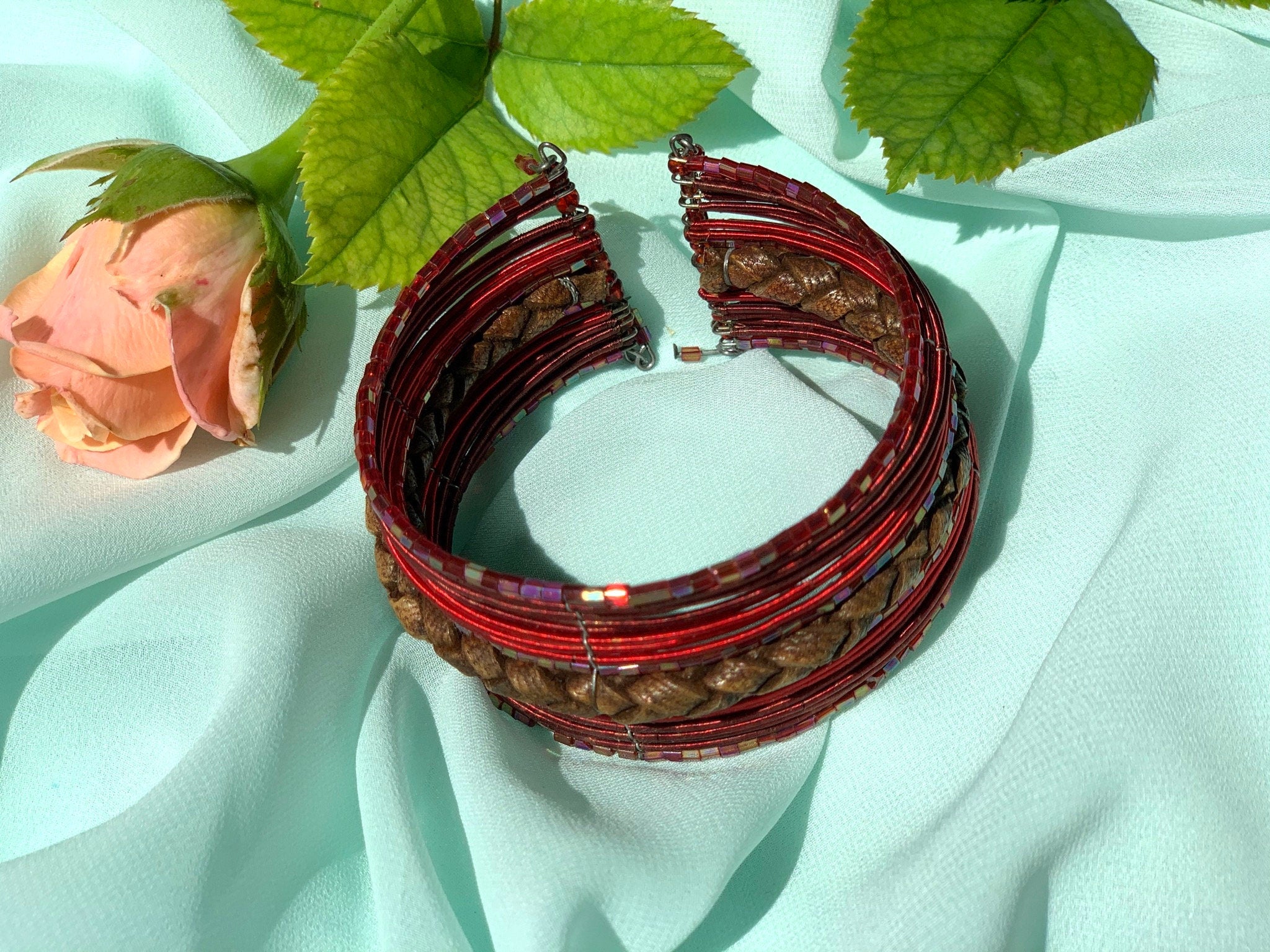 Red bracelet made of glass seed beads on a memory wire. Braided multi strand boho style bracelet. Vintage bracelet for a woman. Gift for her