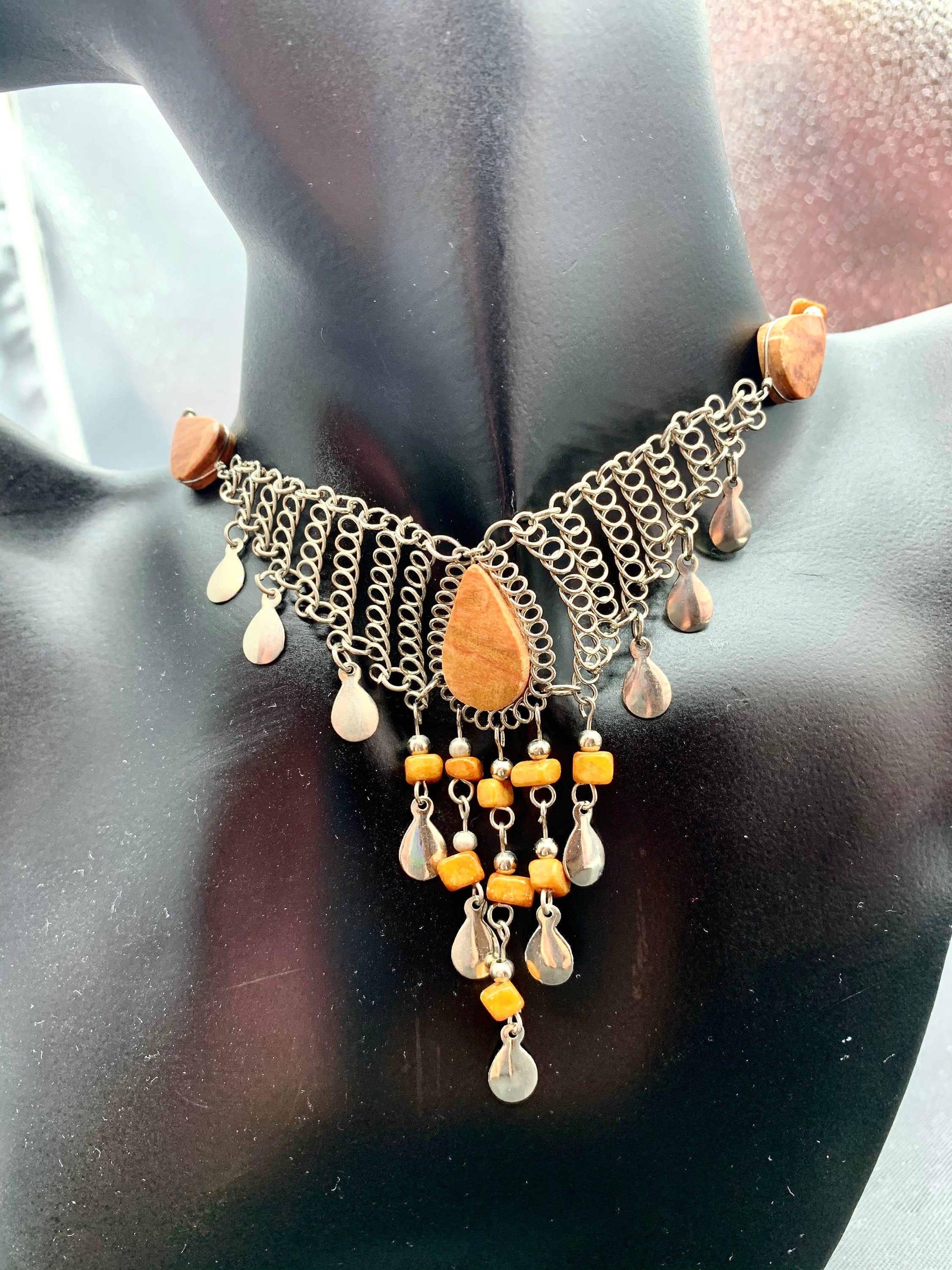 Natural yellow jasper and steel wire laced cascade choker necklace and dangle drop earrings vintage boho style jewellery set for a woman