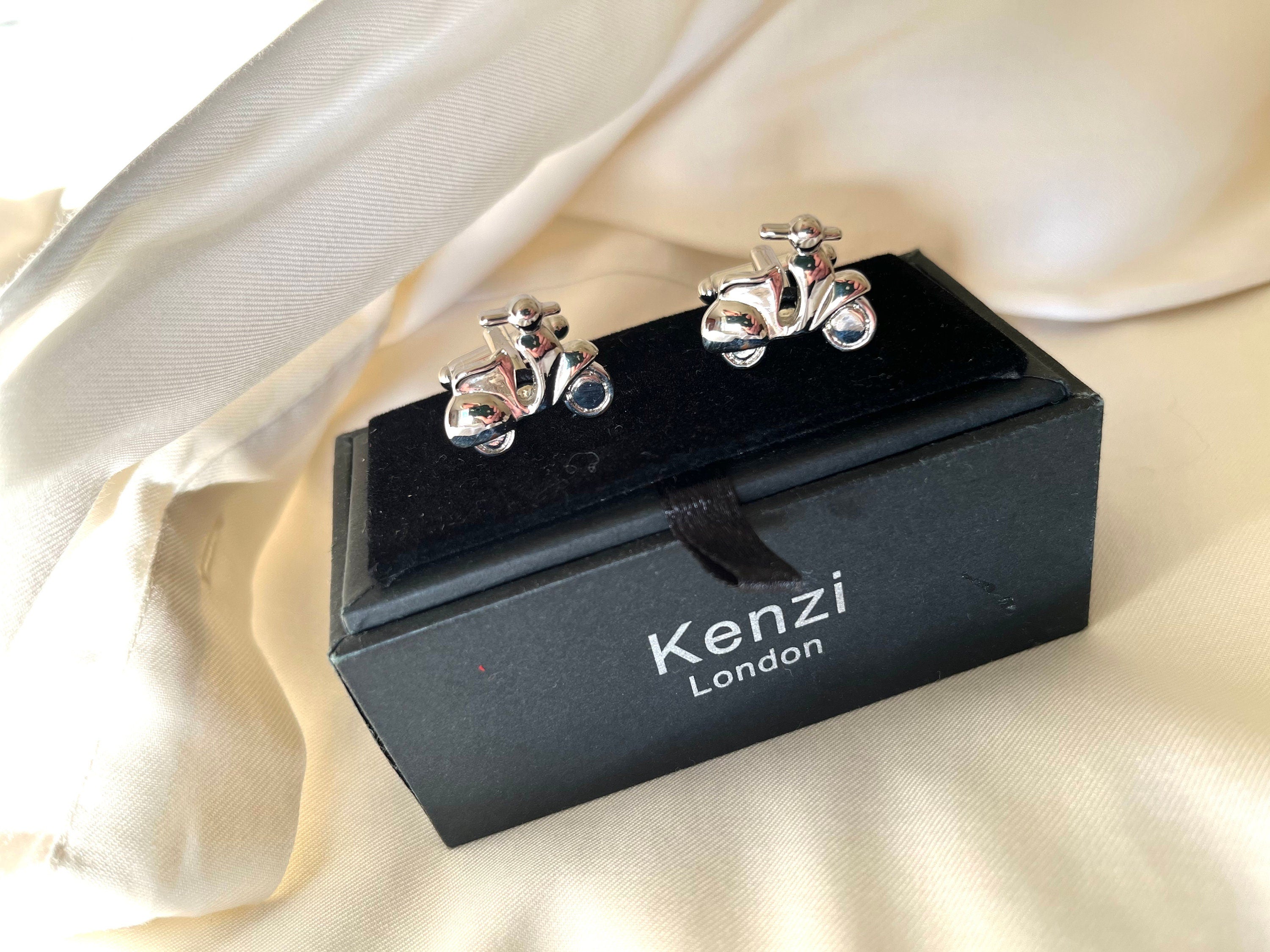 Signed Kenzi London vintage silver tone steel cuff links in a shape of motorbike. Cute cuff links. Gift for him. Gift for a biker