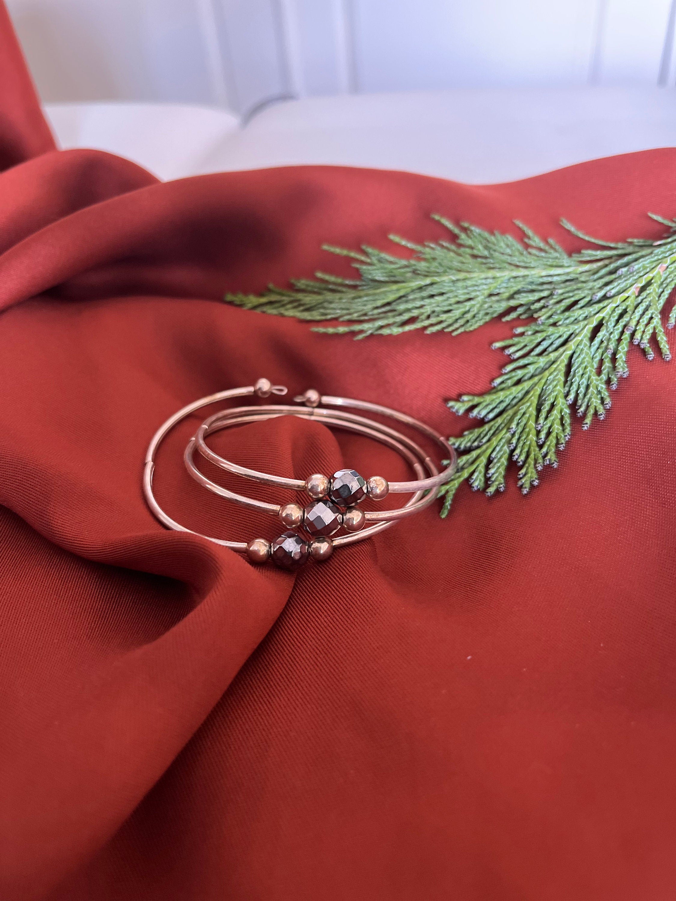 Magnetic Hematite and still triple bangle bracelet. Vintage silver wire and beads bracelet. Bangle for a woman or unisex. Gift for her.