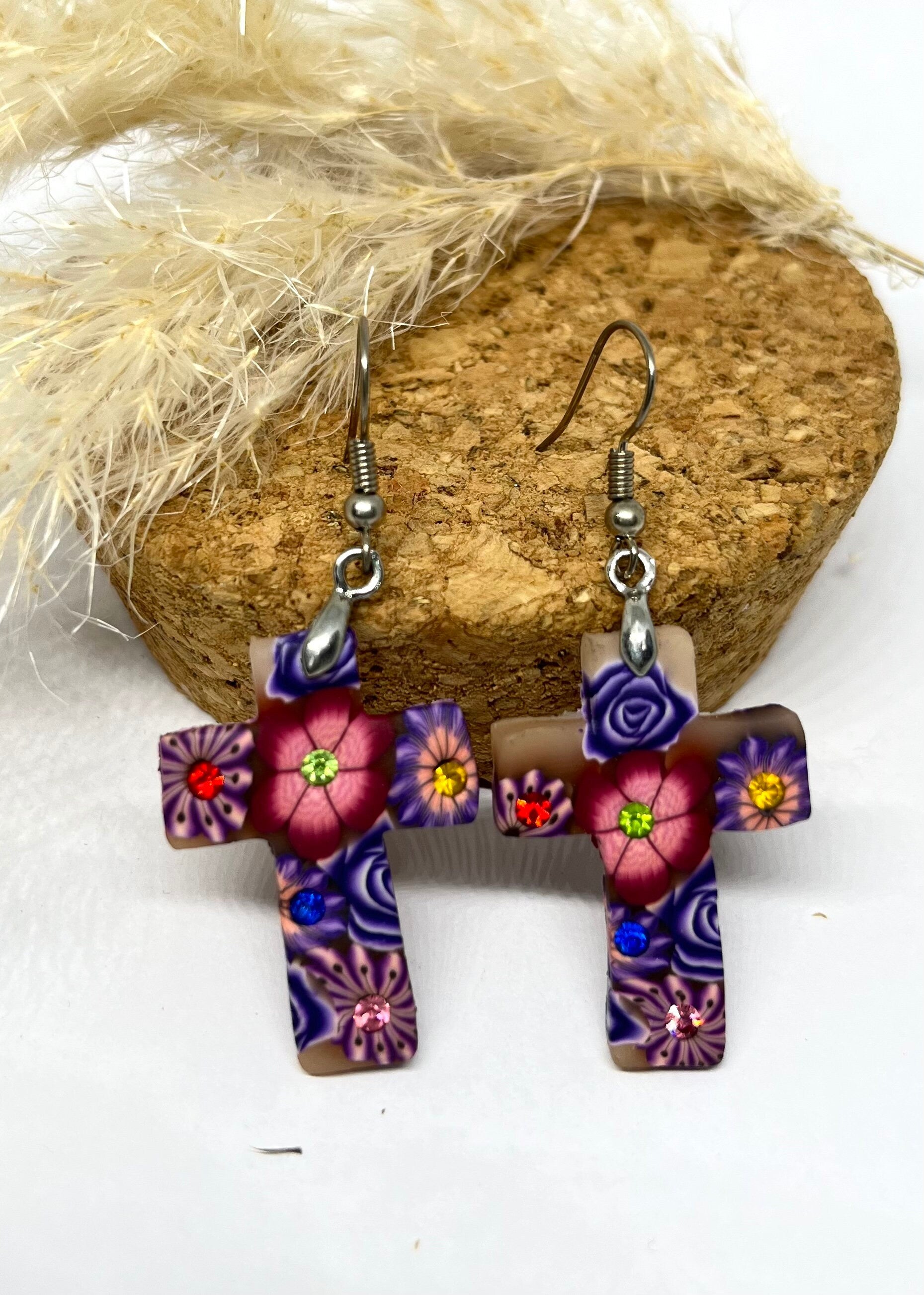 Punk vintage multicoloured resin and crystal cross dangle drop earrings. Funky cross earrings for woman or unisex. Gift unisex.