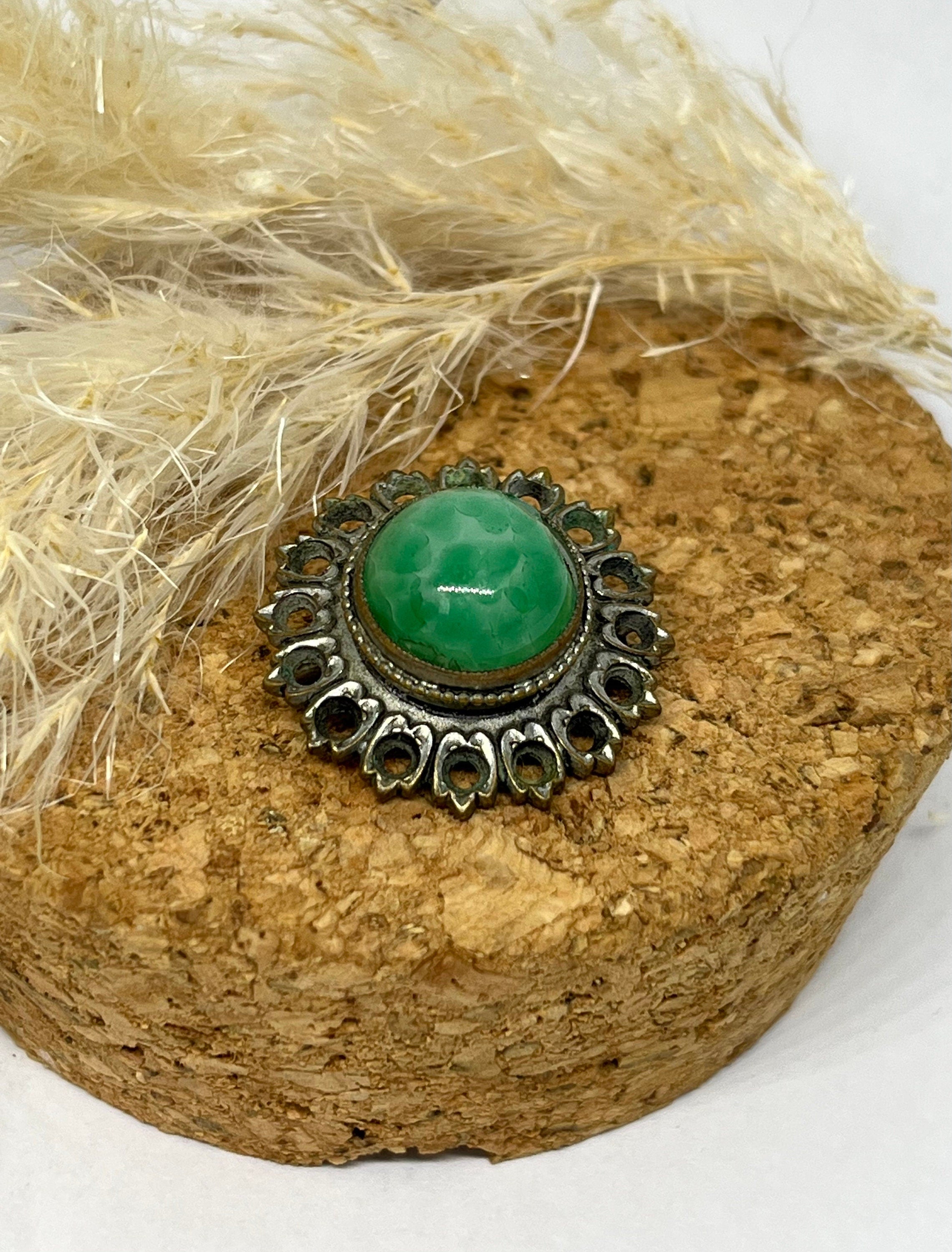 Antique Victorian Agate and silver metal brooch. Natural Dragon Veins Agate brooch. Green and silver round brooch. Vintage gift for a woman