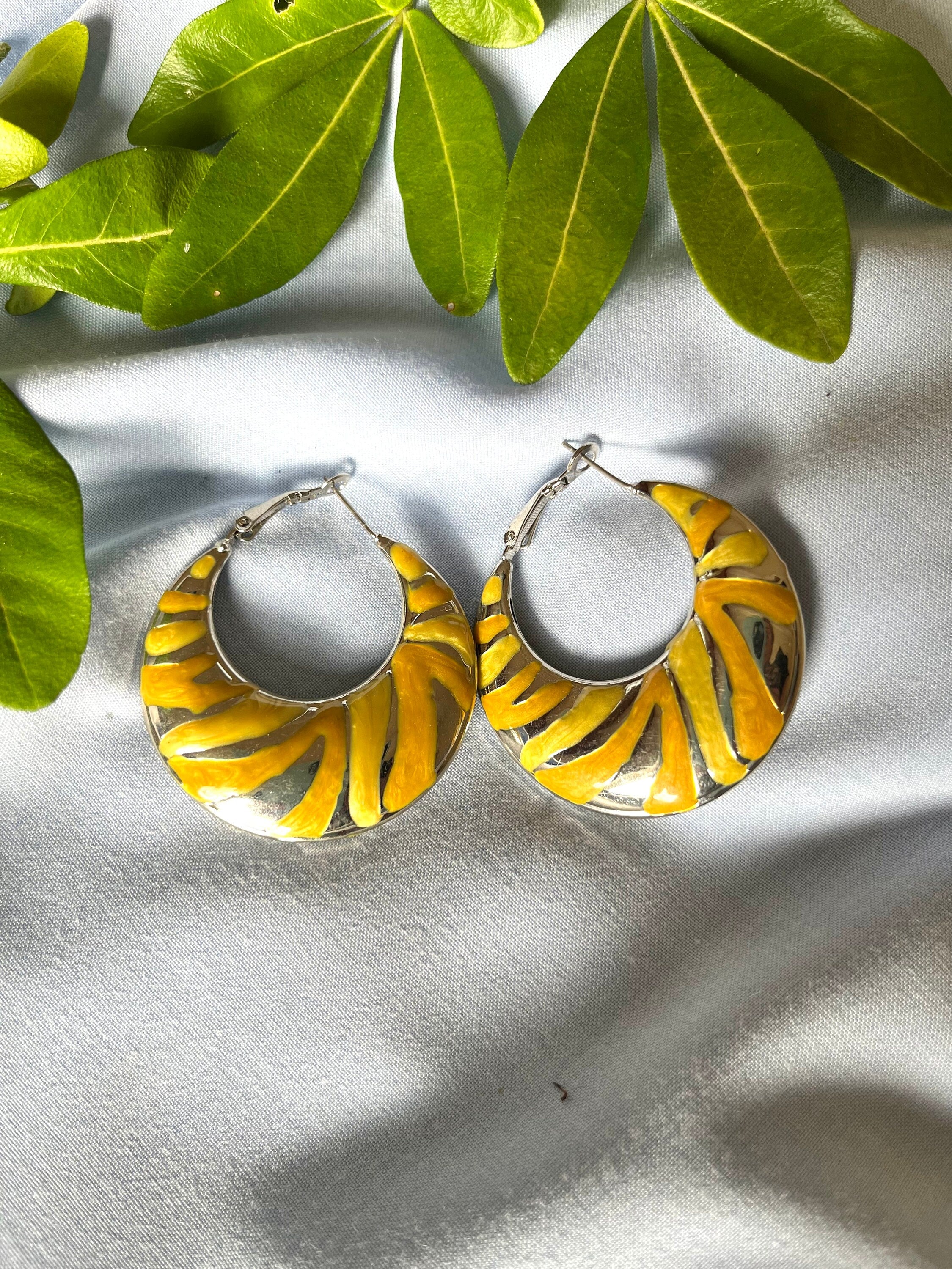 Silver metal and yellow enamel puffed hoop earrings. Bright vintage hoop earrings for a woman. Gift for her.