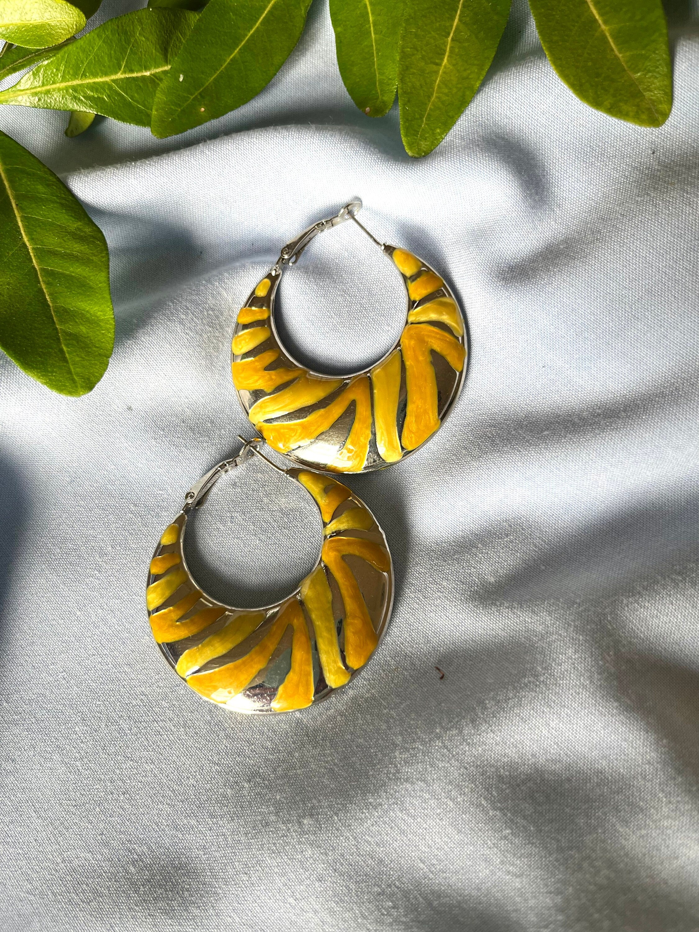 Silver metal and yellow enamel puffed hoop earrings. Bright vintage hoop earrings for a woman. Gift for her.