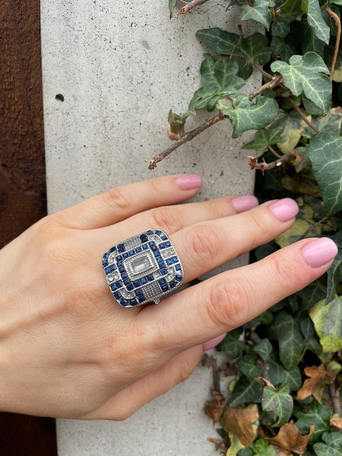 Silver metal and sapphire blue crystal square statement ring. Vintage large ring unisex. Gift for her. Gift for him. Gift unisex