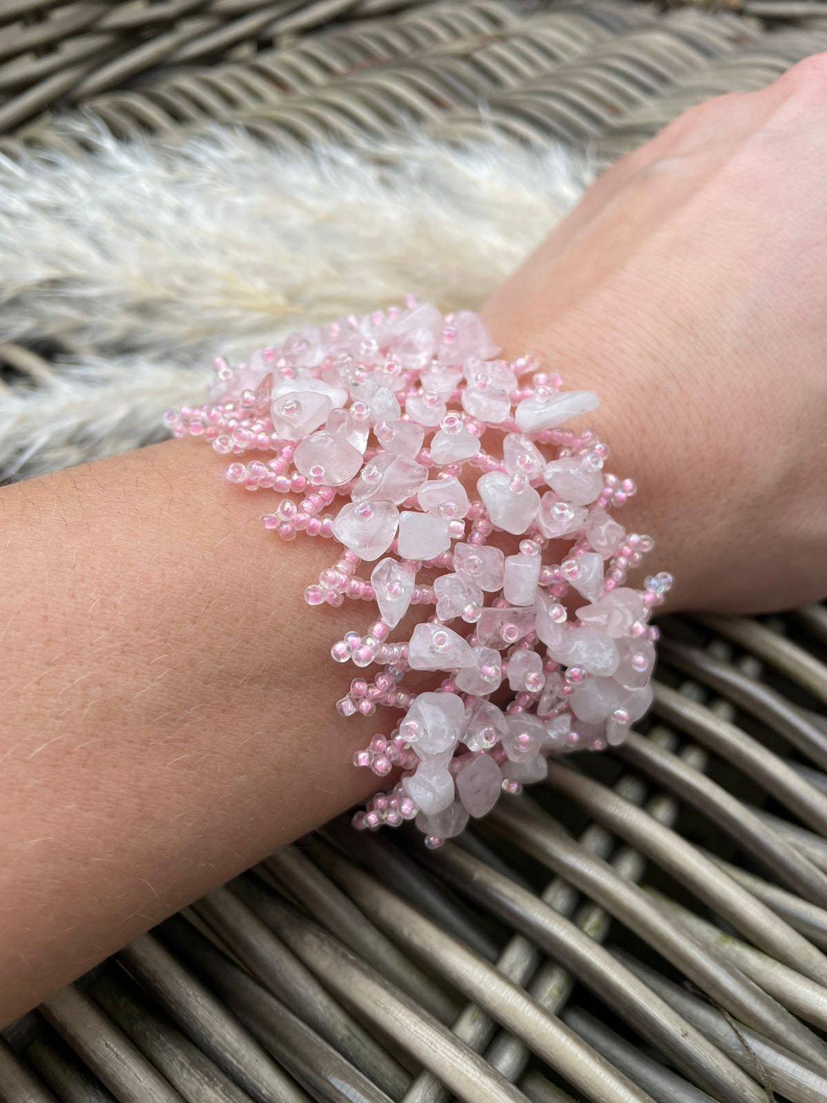 Natural Rose Quartz and glass seed beads crocheted cuff bracelet. Romantic amulet for a woman. Vintage gemstone bracelet. Gift for her.