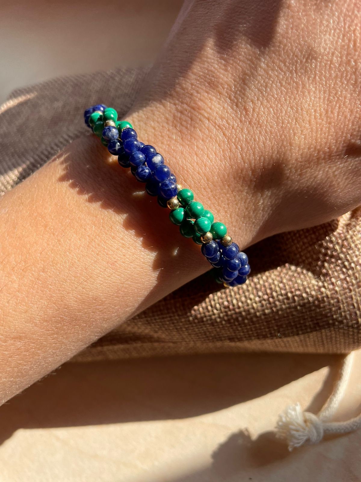 Natural Malachite and Lapis Lazuli 3 twisted strands beaded bracelet with gold tone clasp. Boho style vintage green and blue gems bracelet