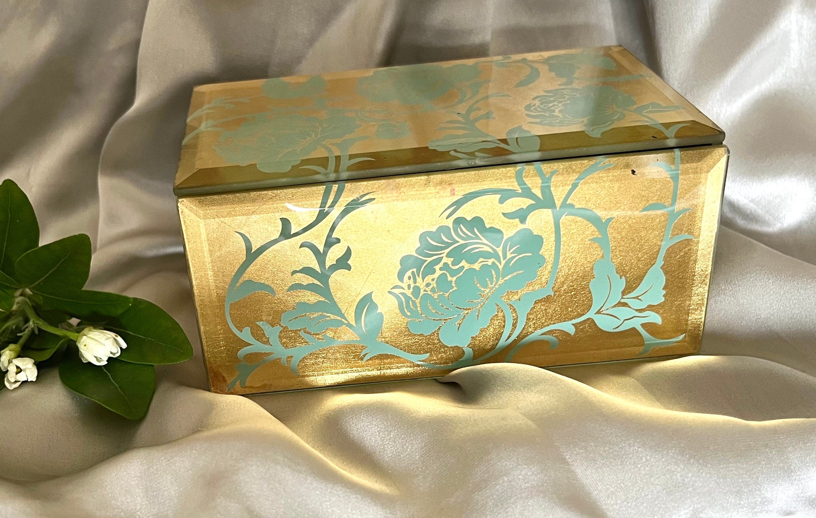 Unique handmade real gold leaf sealed in glass rectangular vintage jewellery box with a black velvet inlay. Gorgeous gift unisex. Home decor