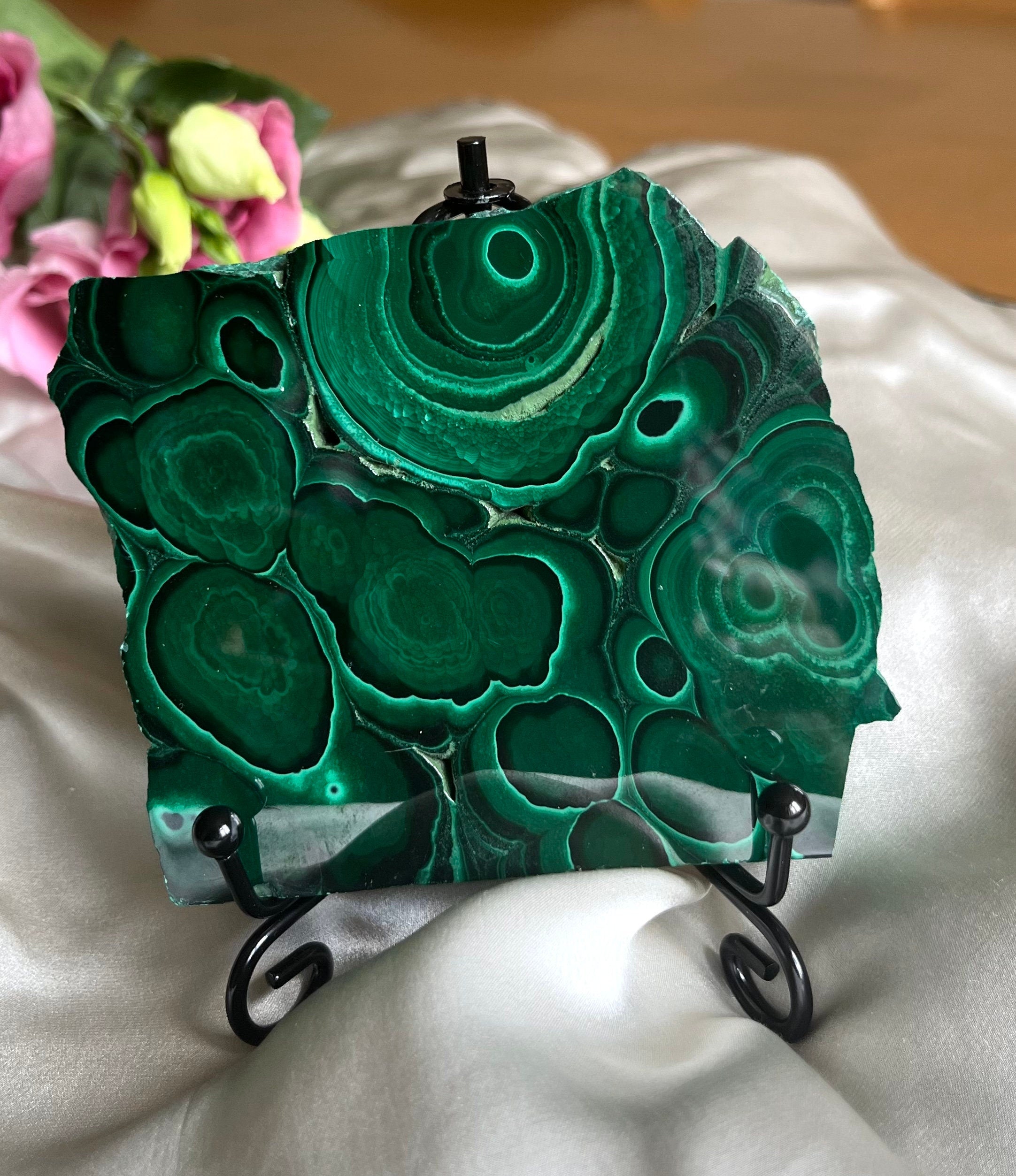 Outstanding natural Malachite polished plate on a stand specimen collectible vintage souvenir. Home decoration. Gift for her. Gift for him.