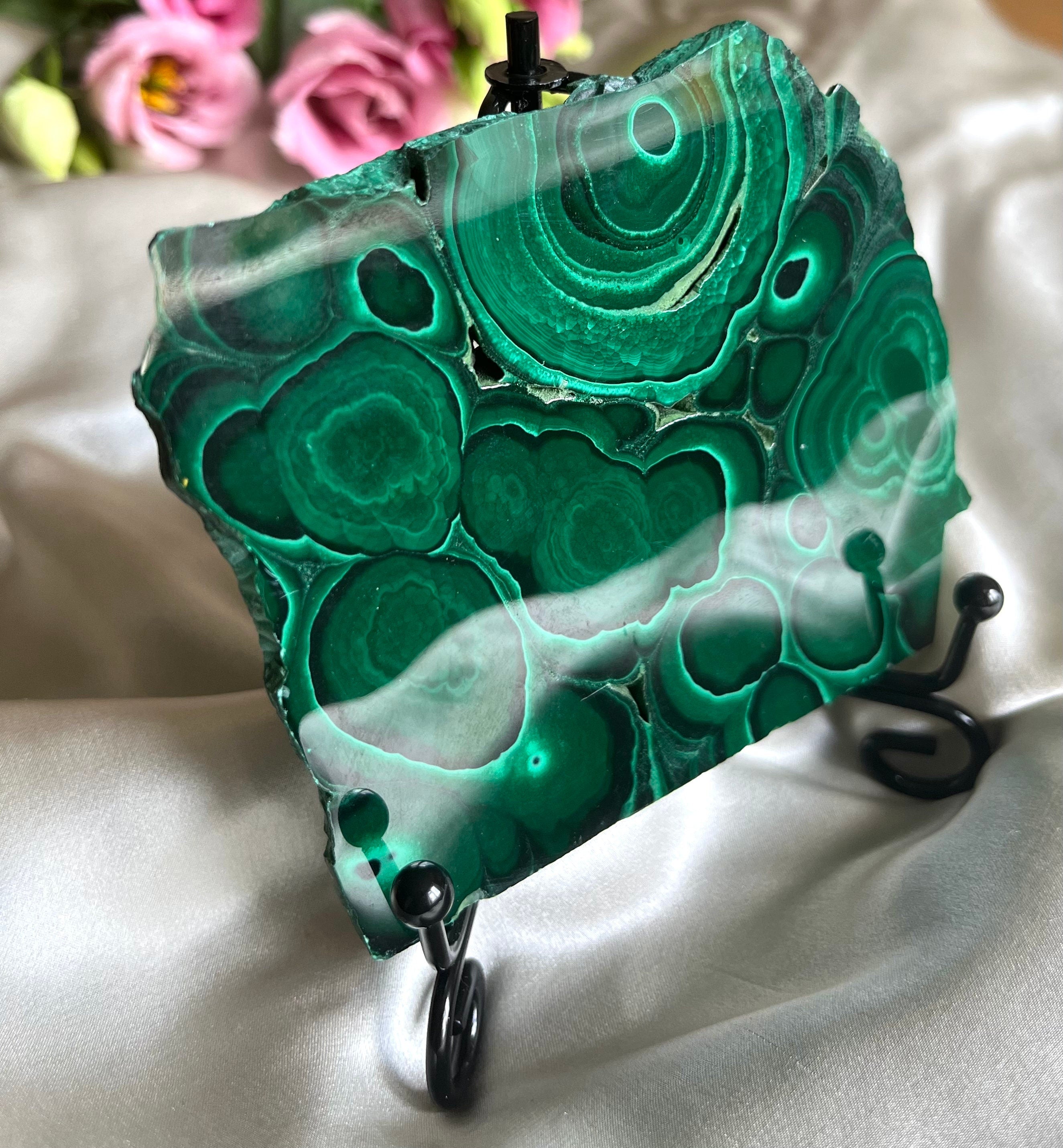 Outstanding natural Malachite polished plate on a stand specimen collectible vintage souvenir. Home decoration. Gift for her. Gift for him.