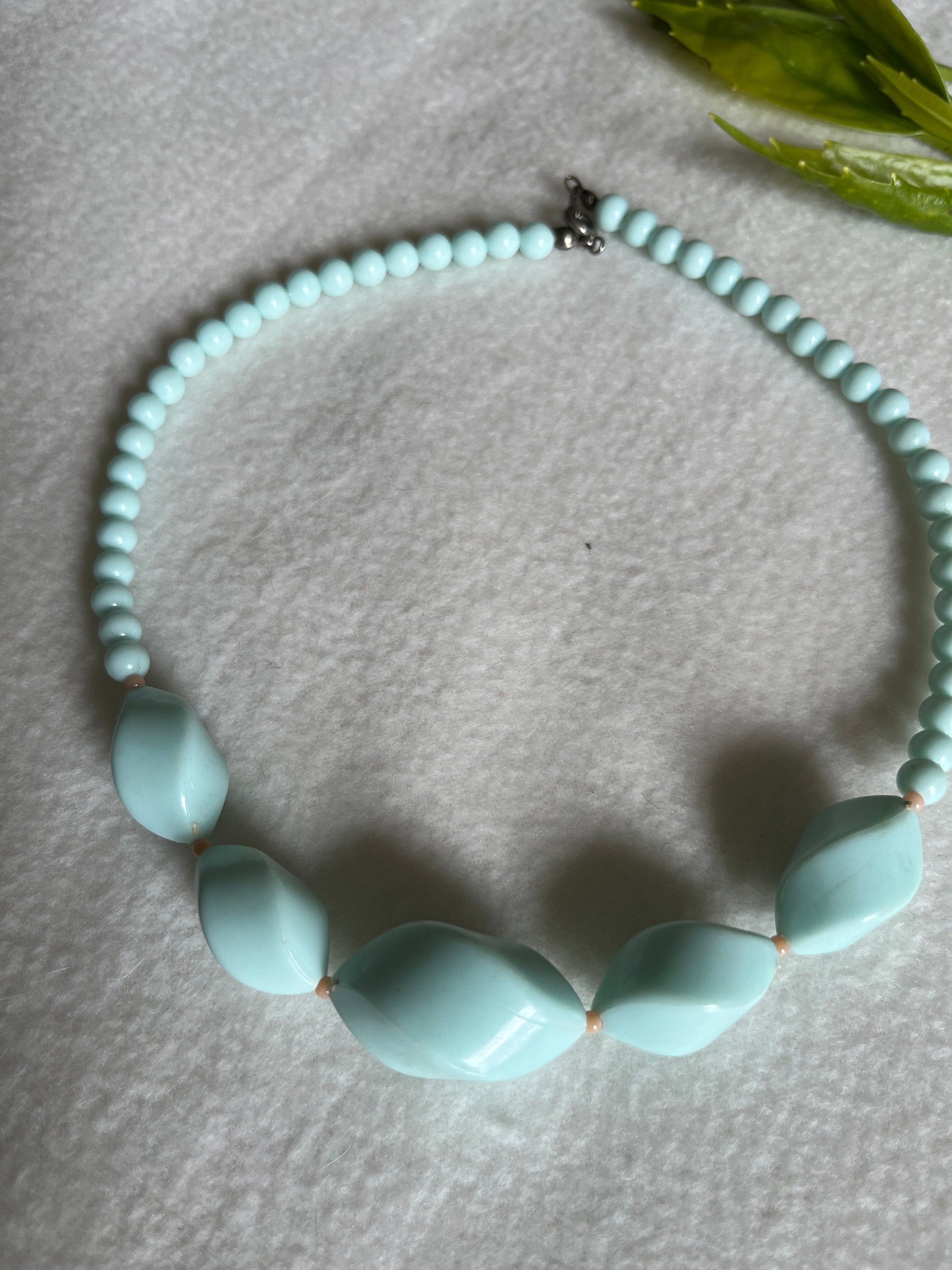 Pastel turquoise colour large twisted and smaller round plastic beads vintage 60s choker necklace. Vintage choker for a woman. Gift for her