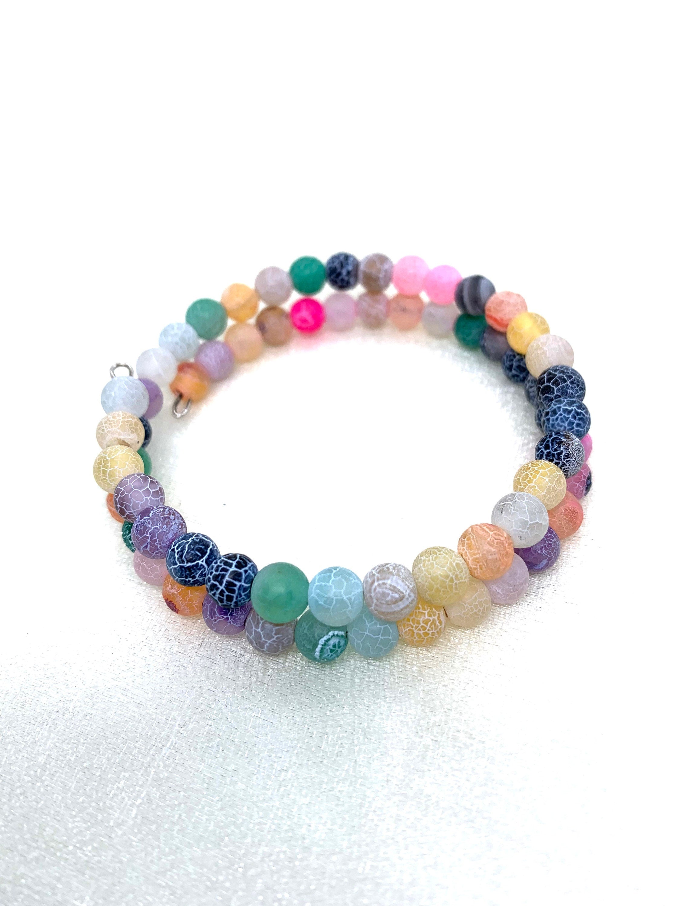 Natural matt frost Agate 6 mm bead on a memory steel wire 2 spiral coils handmade bracelet. Cheerful and colourful bracelet for a woman.