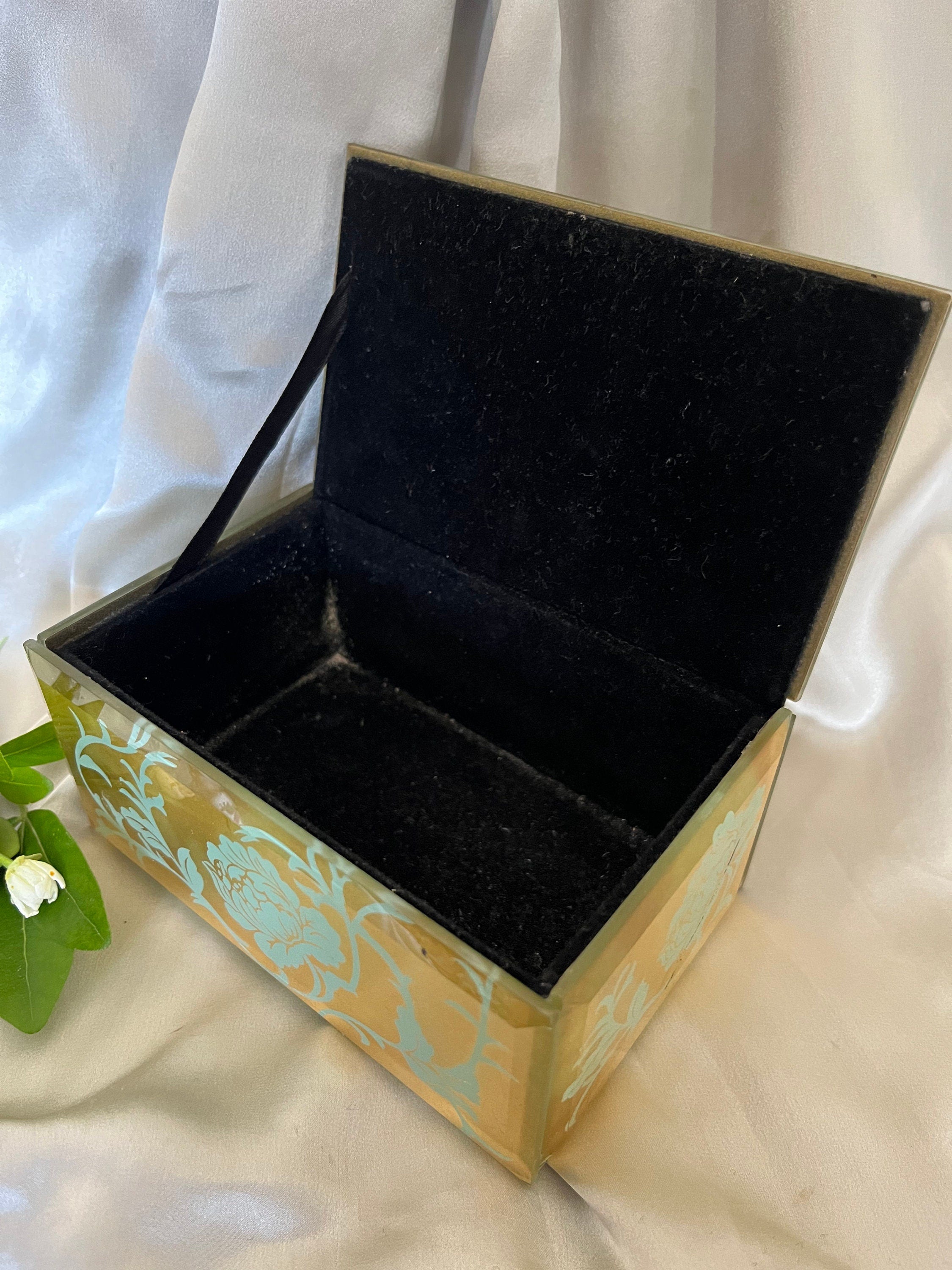 Unique handmade real gold leaf sealed in glass rectangular vintage jewellery box with a black velvet inlay. Gorgeous gift unisex. Home decor