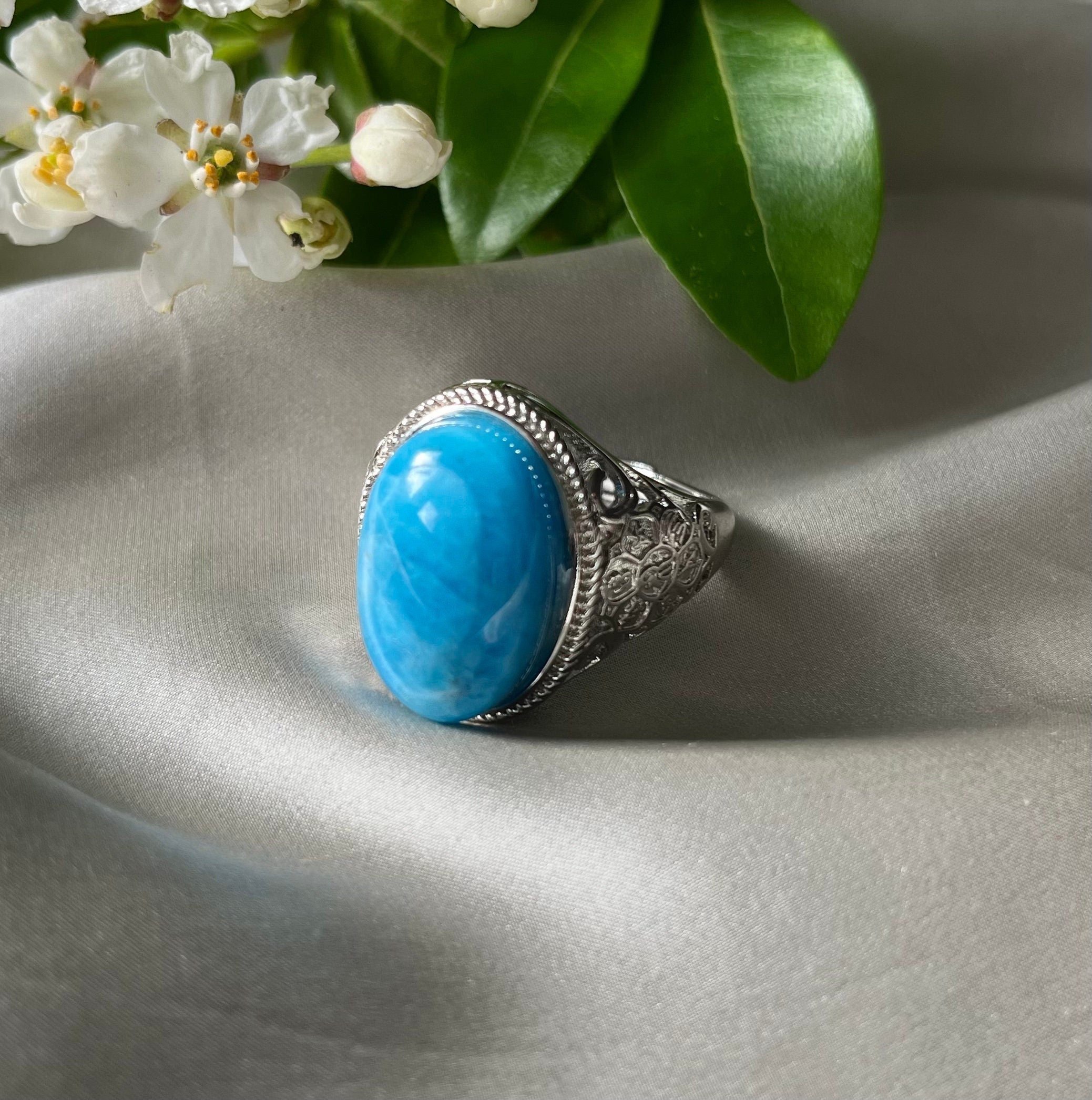 Natural Apatite oval stone silver plated engraved adjustable vintage statement ring. Blue and silver gemstone ring unisex. Gift unisex