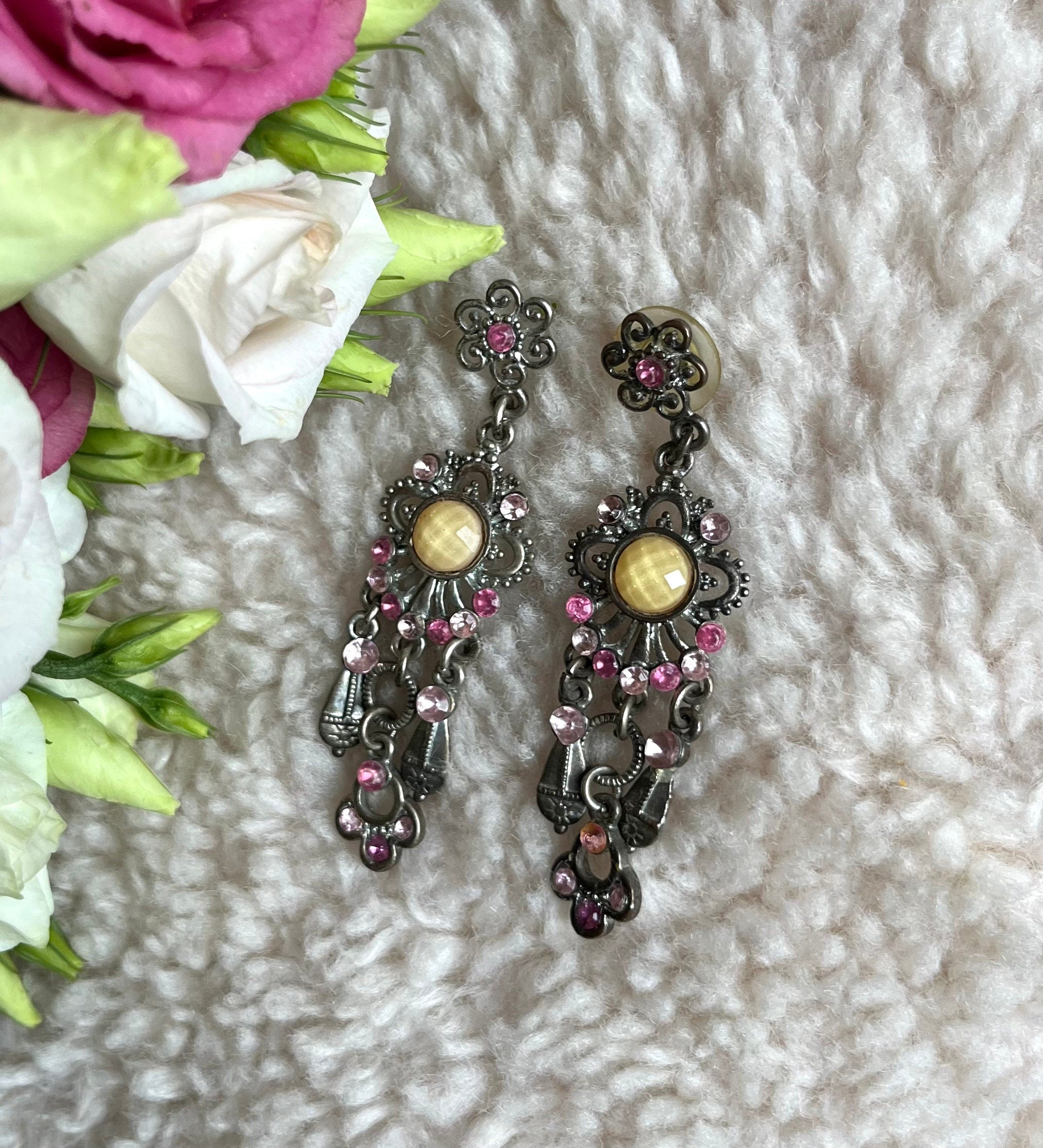 Stunning long Victorian style dangle drop earrings with various dangles decorated with pink and yellow glass crystals. Vintage gift for her