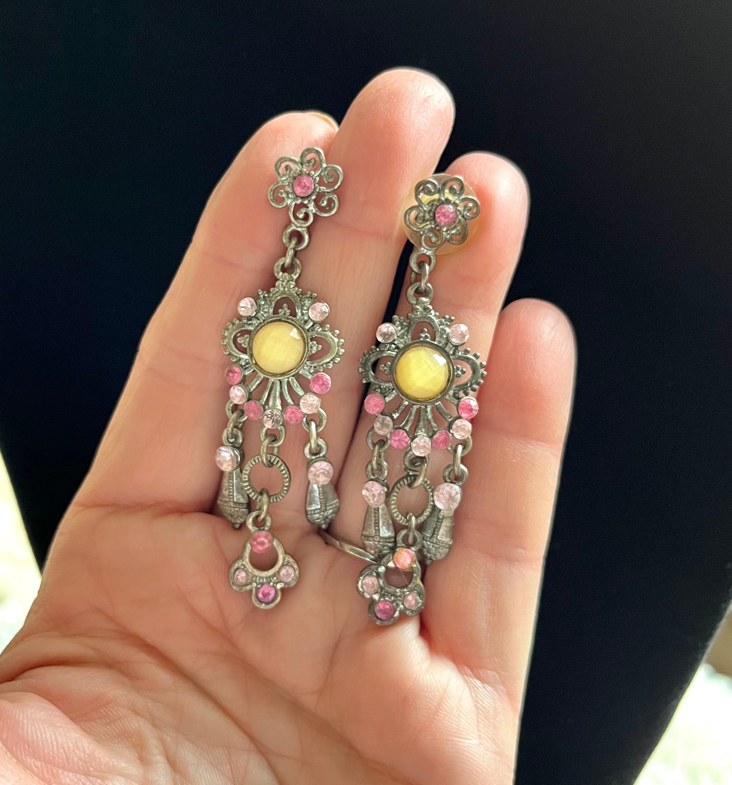 Stunning long Victorian style dangle drop earrings with various dangles decorated with pink and yellow glass crystals. Vintage gift for her