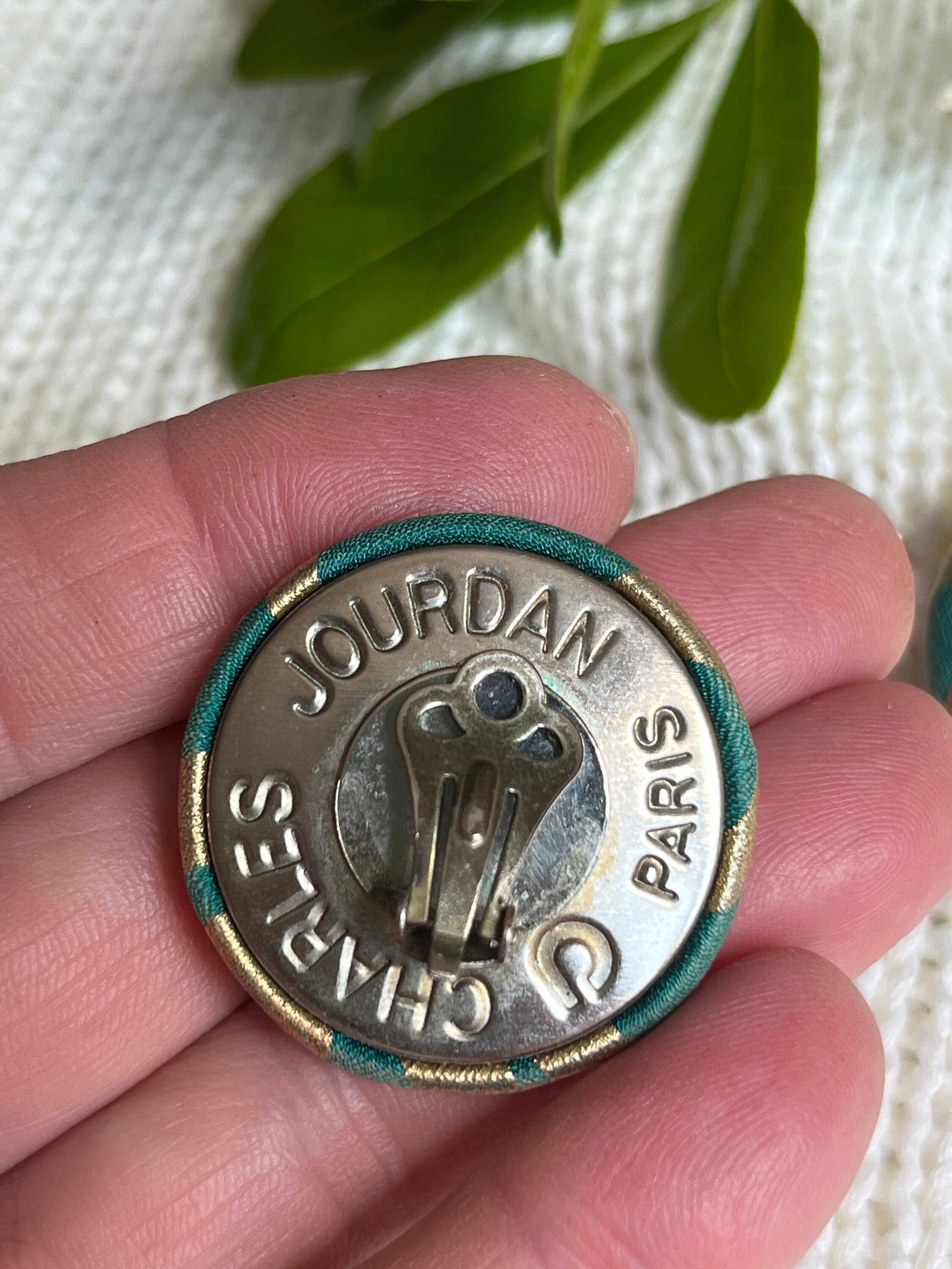 Signed Charles Jourdan Paris Vintage 80s  clip on earrings. Round green and gold silk covered earrings for a lady. Gift for her.