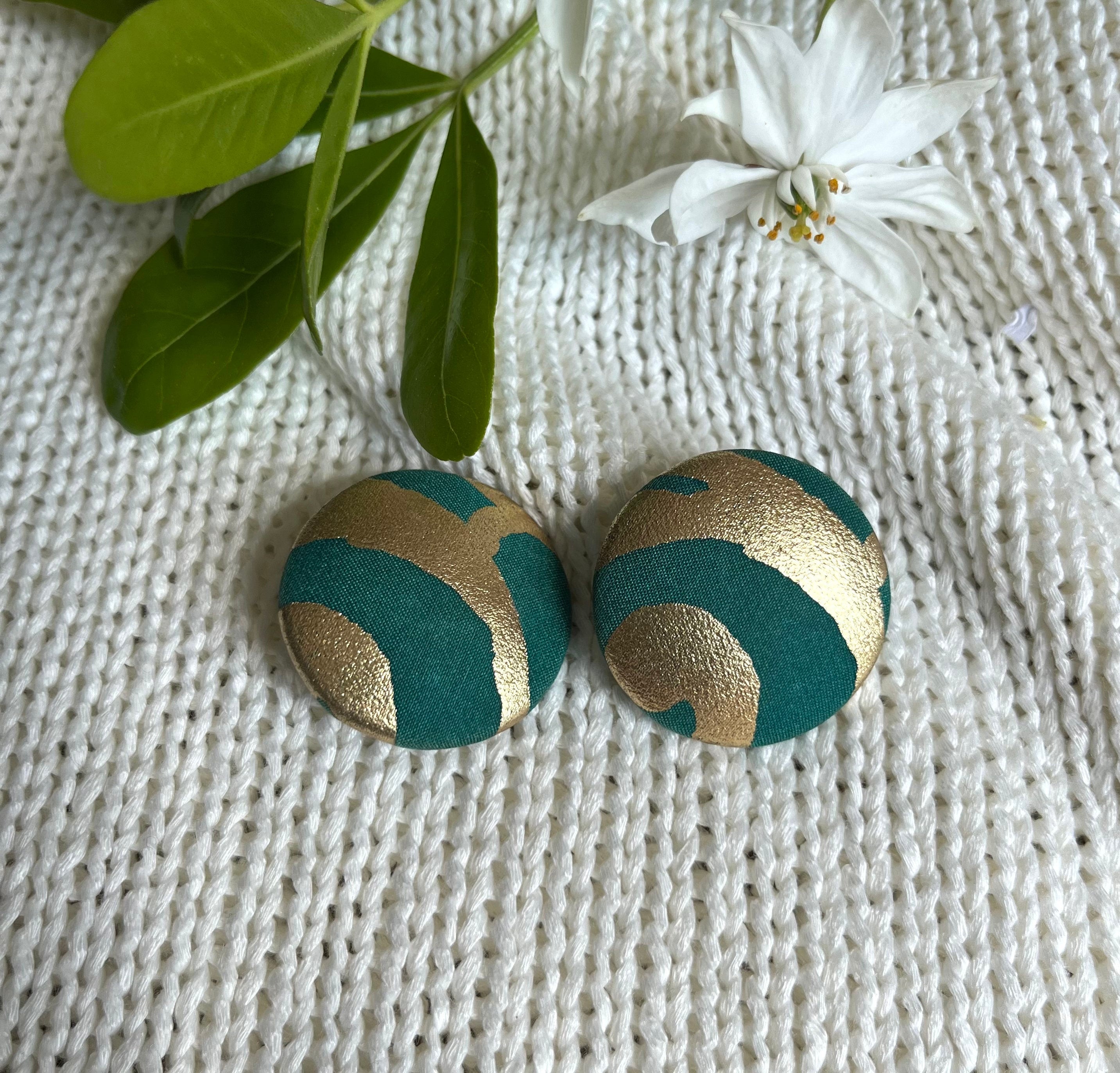 Signed Charles Jourdan Paris Vintage 80s  clip on earrings. Round green and gold silk covered earrings for a lady. Gift for her.