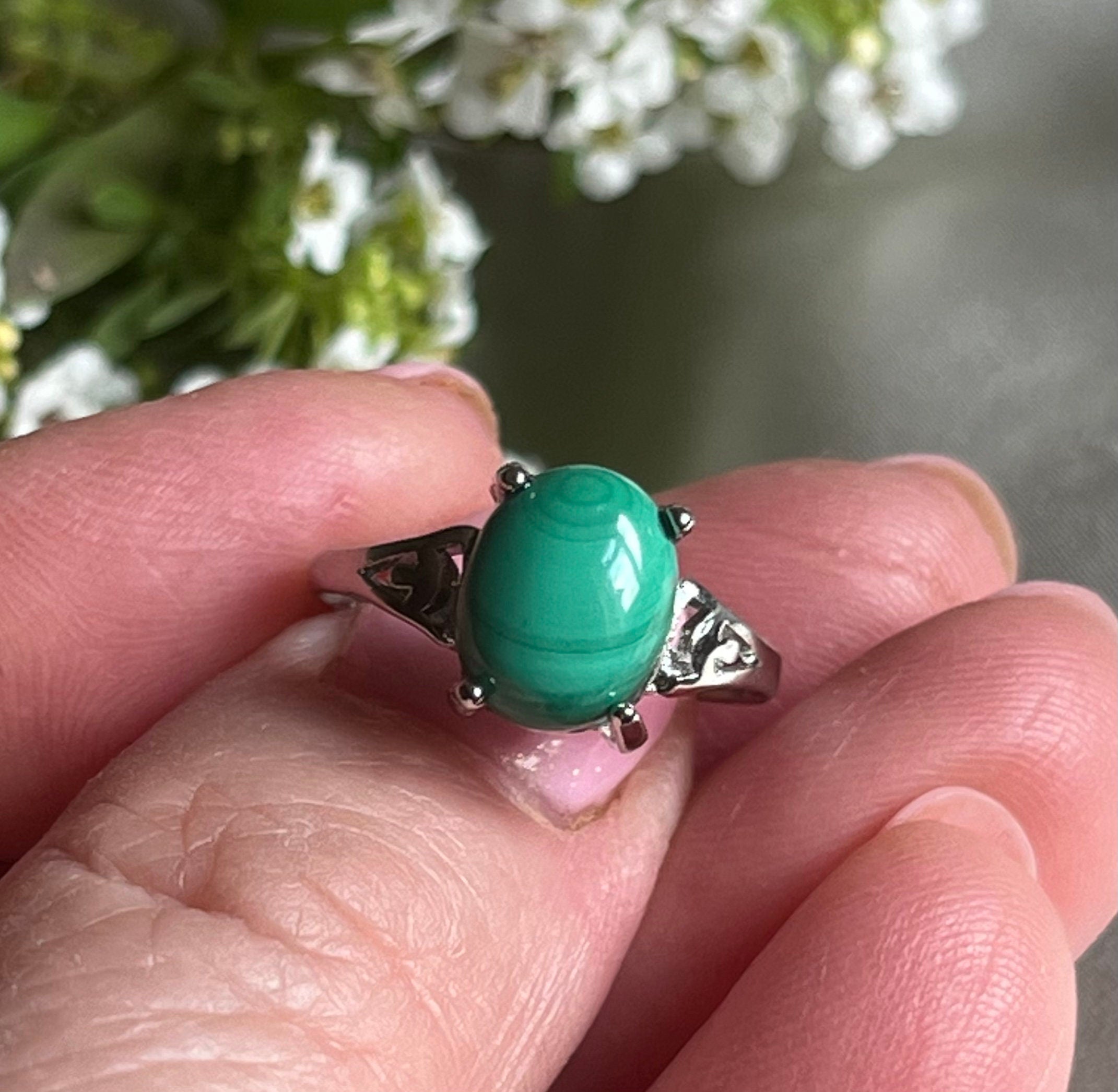 Natural Malachite Vintage classic statement silver plated adjustable ring. Lovely vintage gift for her.