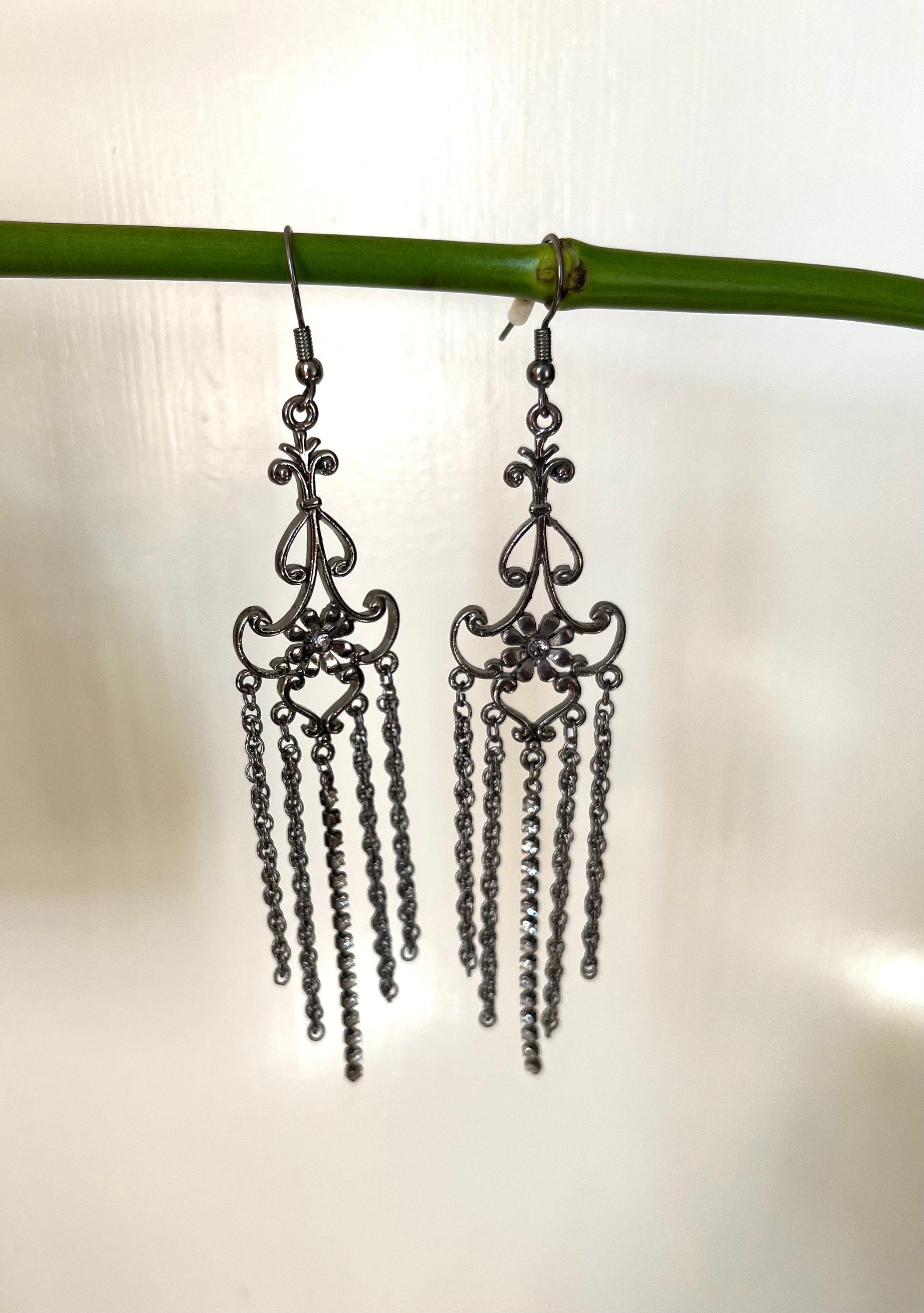 Beautiful baroque style silver metal chandelier dangle drop vintage earrings with diamantes. Vintage long earrings for a woman. Gift for her