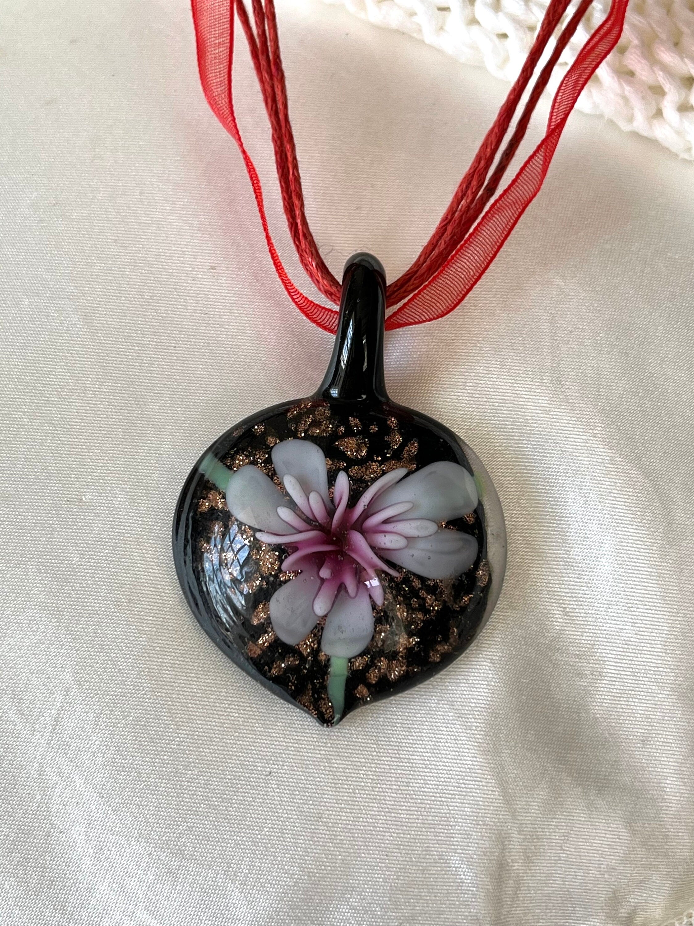 Murano glass heart shaped pendant with a flower pattern on a multiple strand chiffon ribbon vintage choker necklace. Lovely gift for her.