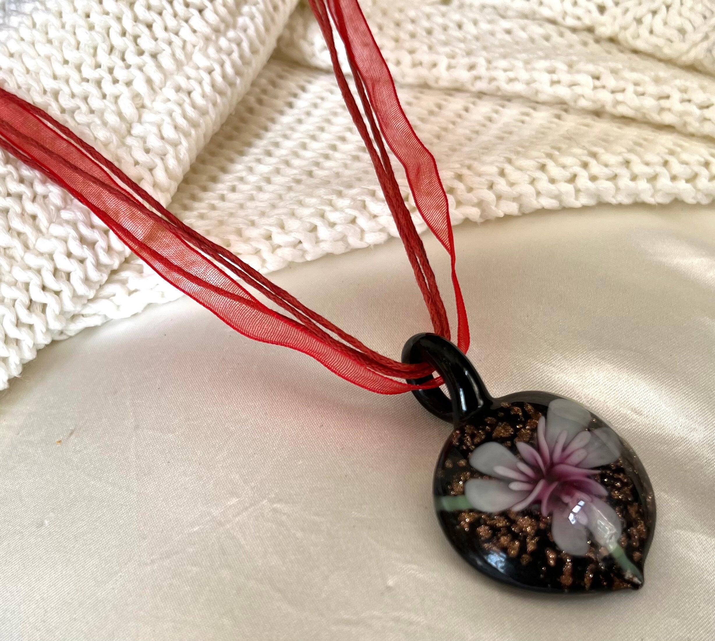 Murano glass heart shaped pendant with a flower pattern on a multiple strand chiffon ribbon vintage choker necklace. Lovely gift for her.