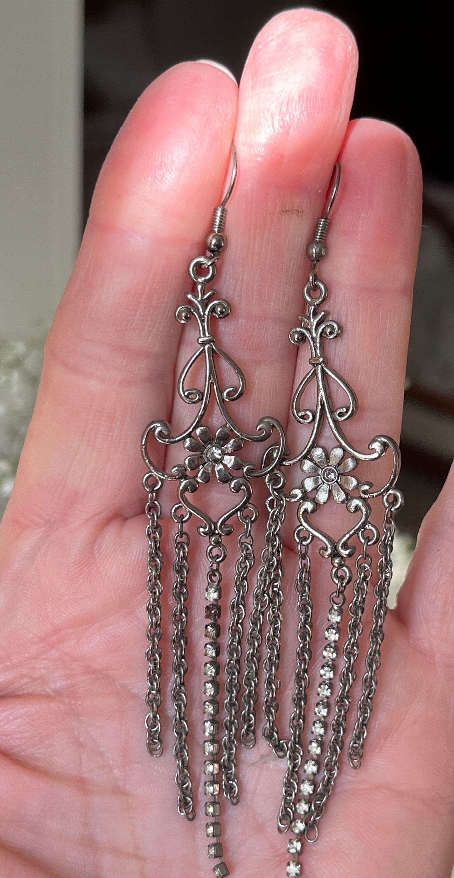 Beautiful baroque style silver metal chandelier dangle drop vintage earrings with diamantes. Vintage long earrings for a woman. Gift for her