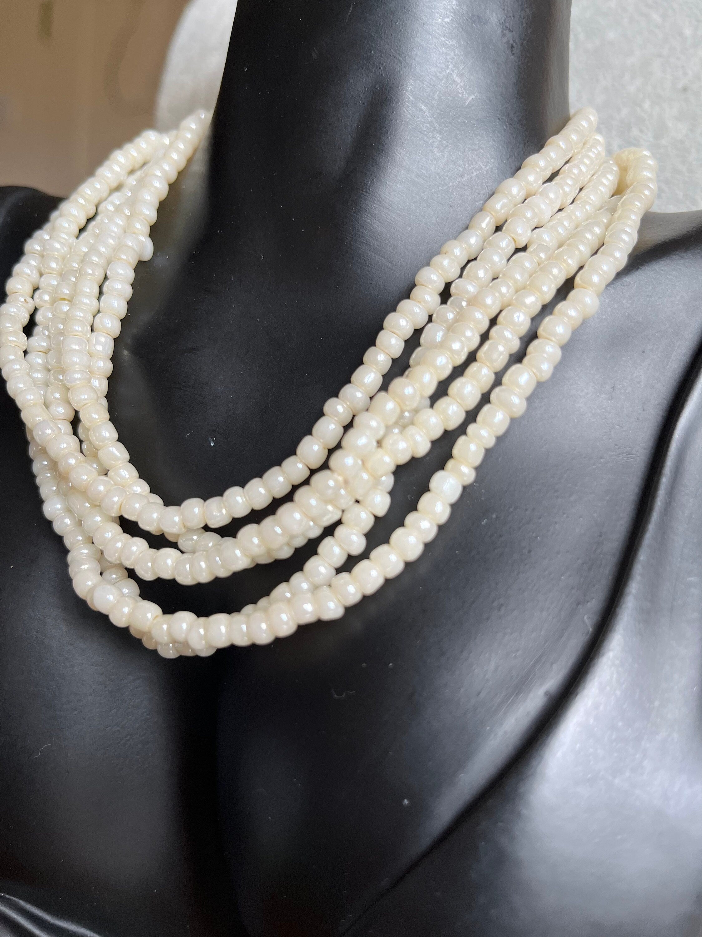 Off white pearlised glass heishi beads long continuous vintage necklace for a woman or unisex. Boho style necklace. Gift for her or unisex.