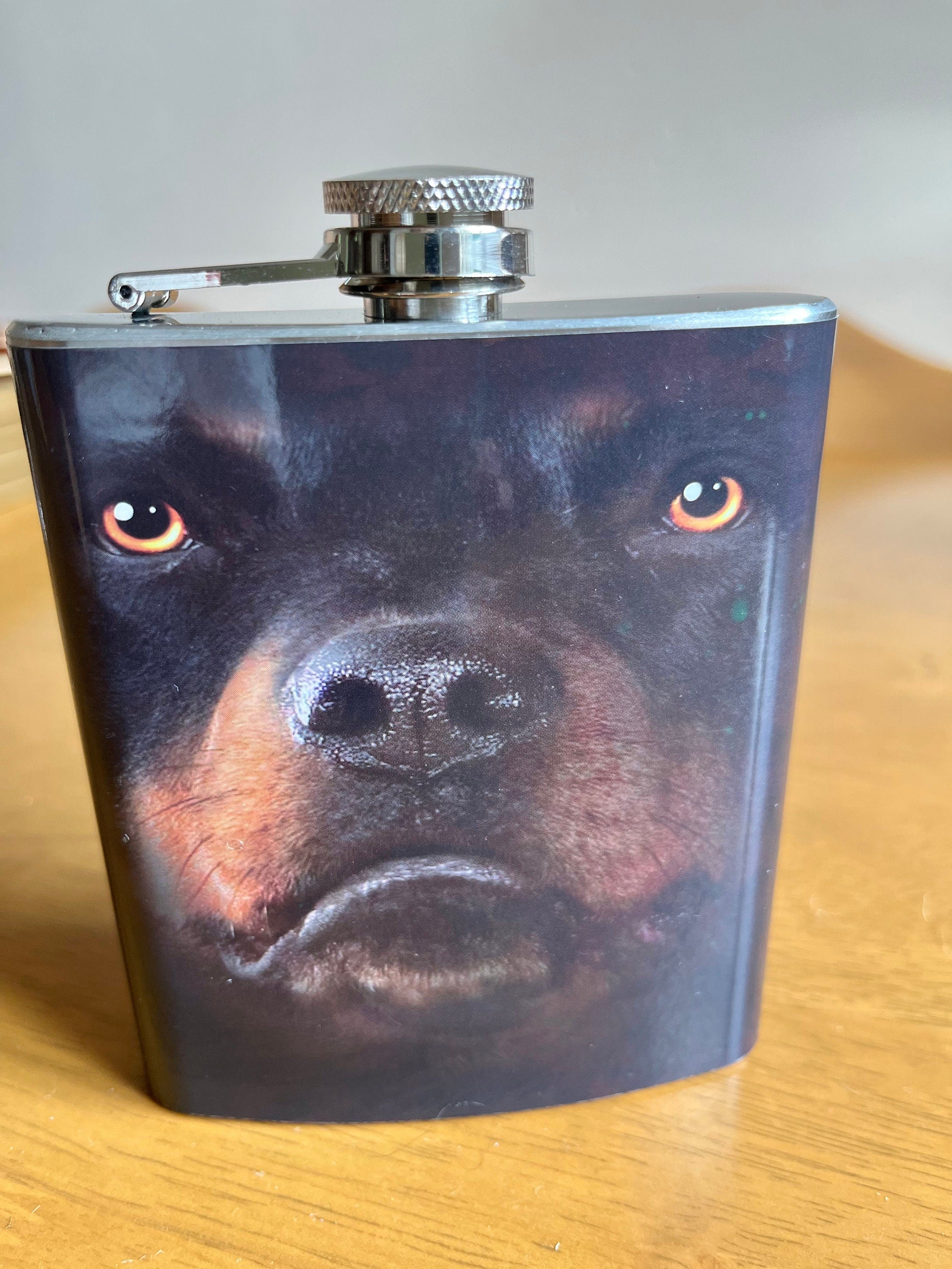 Stainless steel vintage flat flask with an image of a dog. Collectible flask. Gift for him.