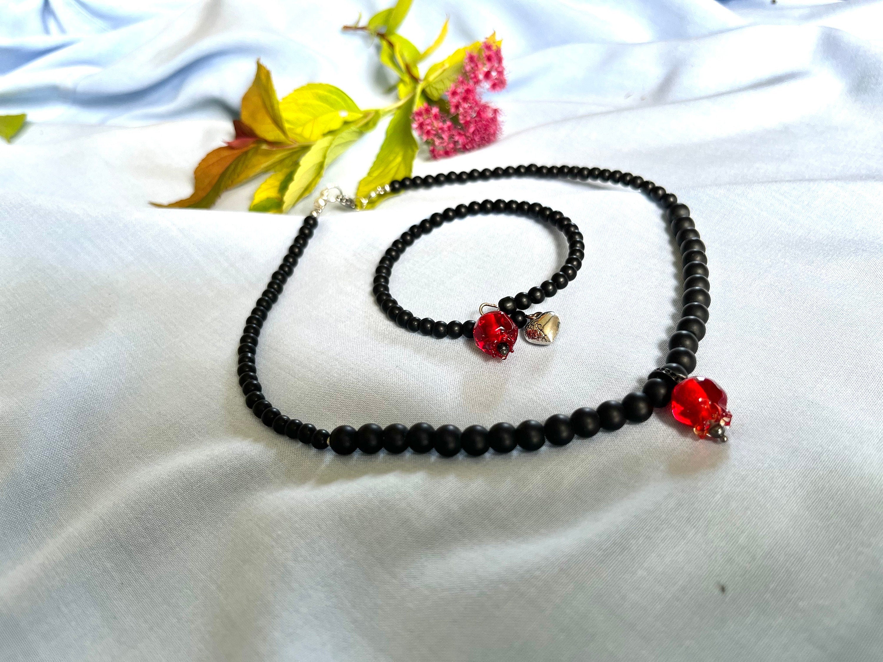 Unique natural Shungite and hand crafted glass Pomegranate charms jewellery set of a choker necklace and a memory wire bracelet for a woman