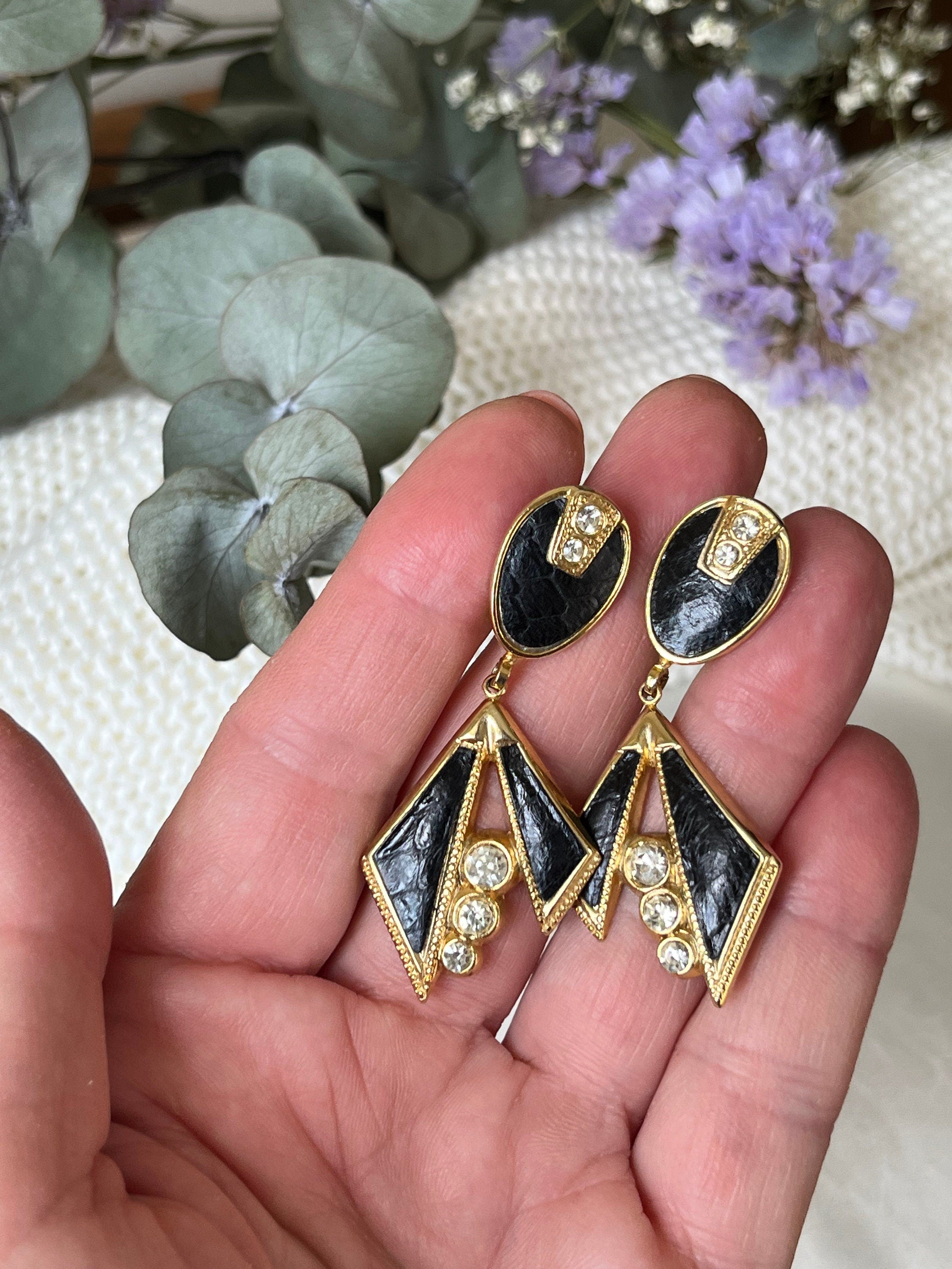 Art Deco style Interesting pair of black enamel, gold tone metal and rhinestones clip on earrings. Vintage earrings for a lady. Gift for her