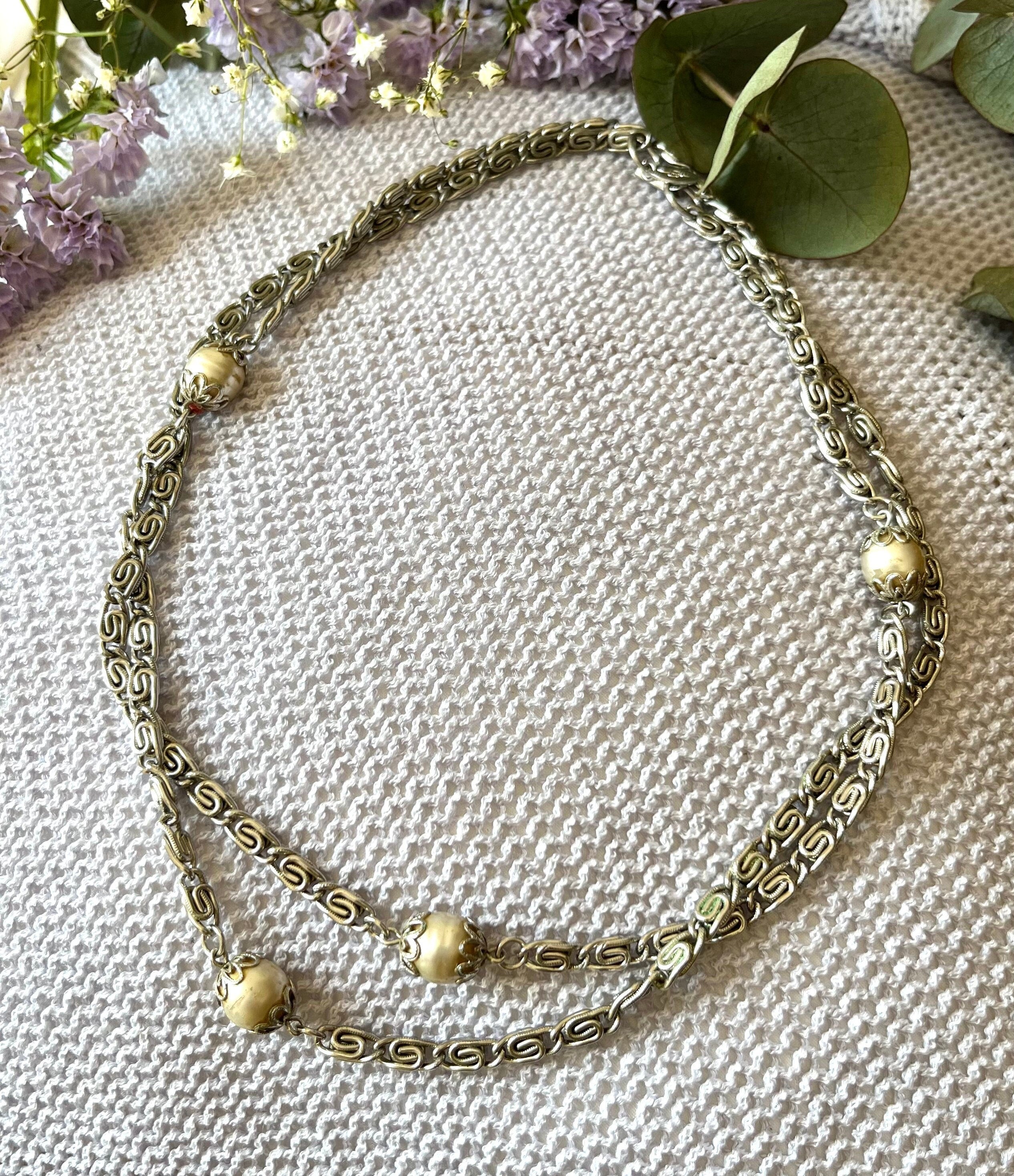 Signed Vendoms silver tone thick long chain with natural pearl beads quality vintage 90s necklace. Chain necklace for a woman. Gift for her